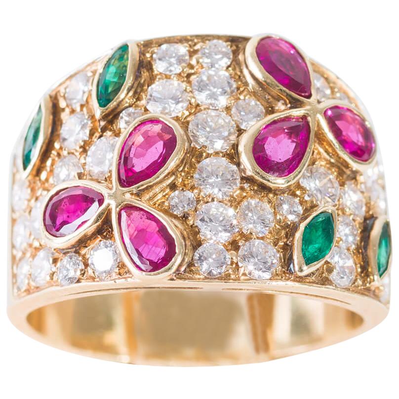 Band Ring in Diamonds Yellow Gold, Drop Cut Rubies and Emeralds