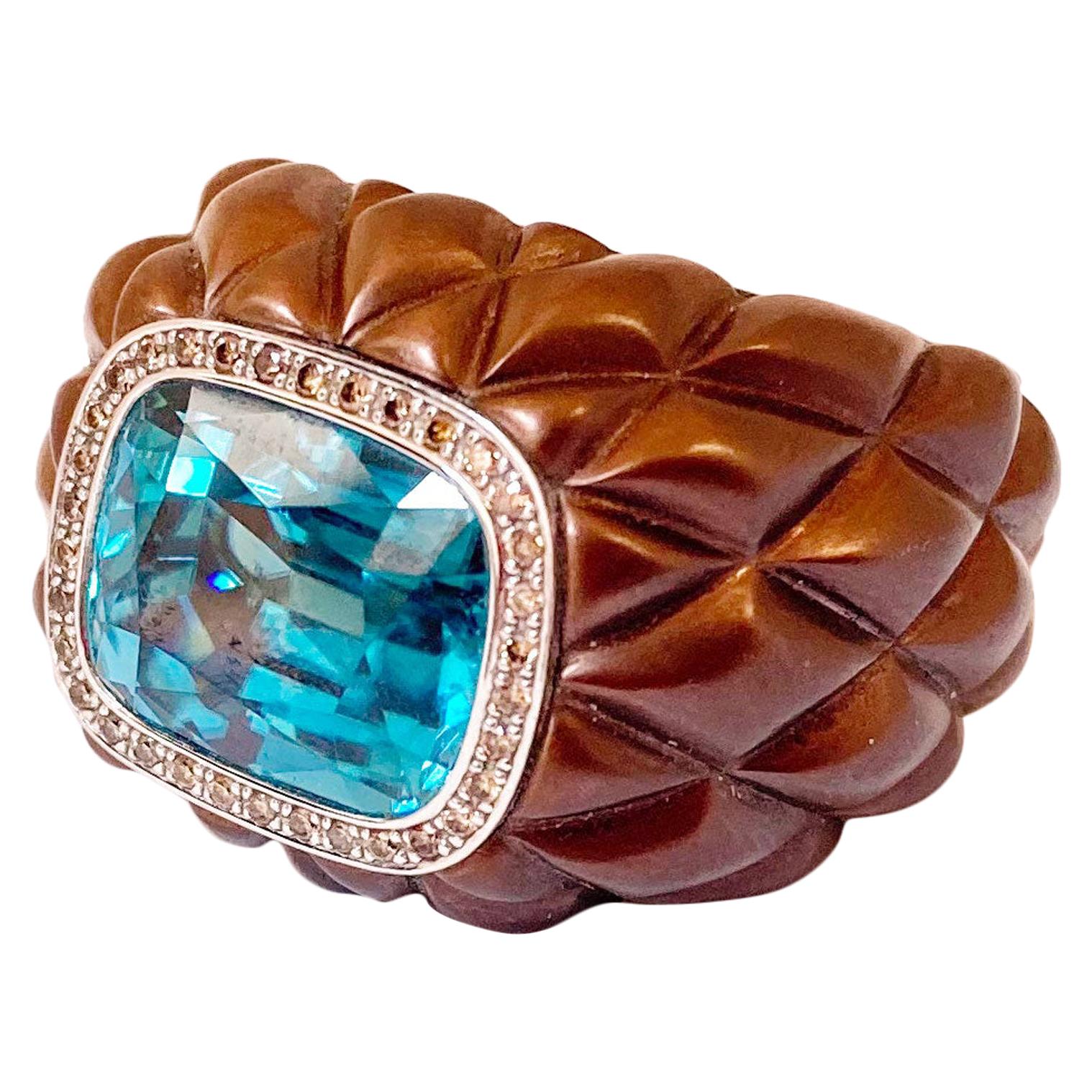 Band Ring in Stainless Steel 18 Karat White Gold with a Blue Zircon and Diamonds For Sale