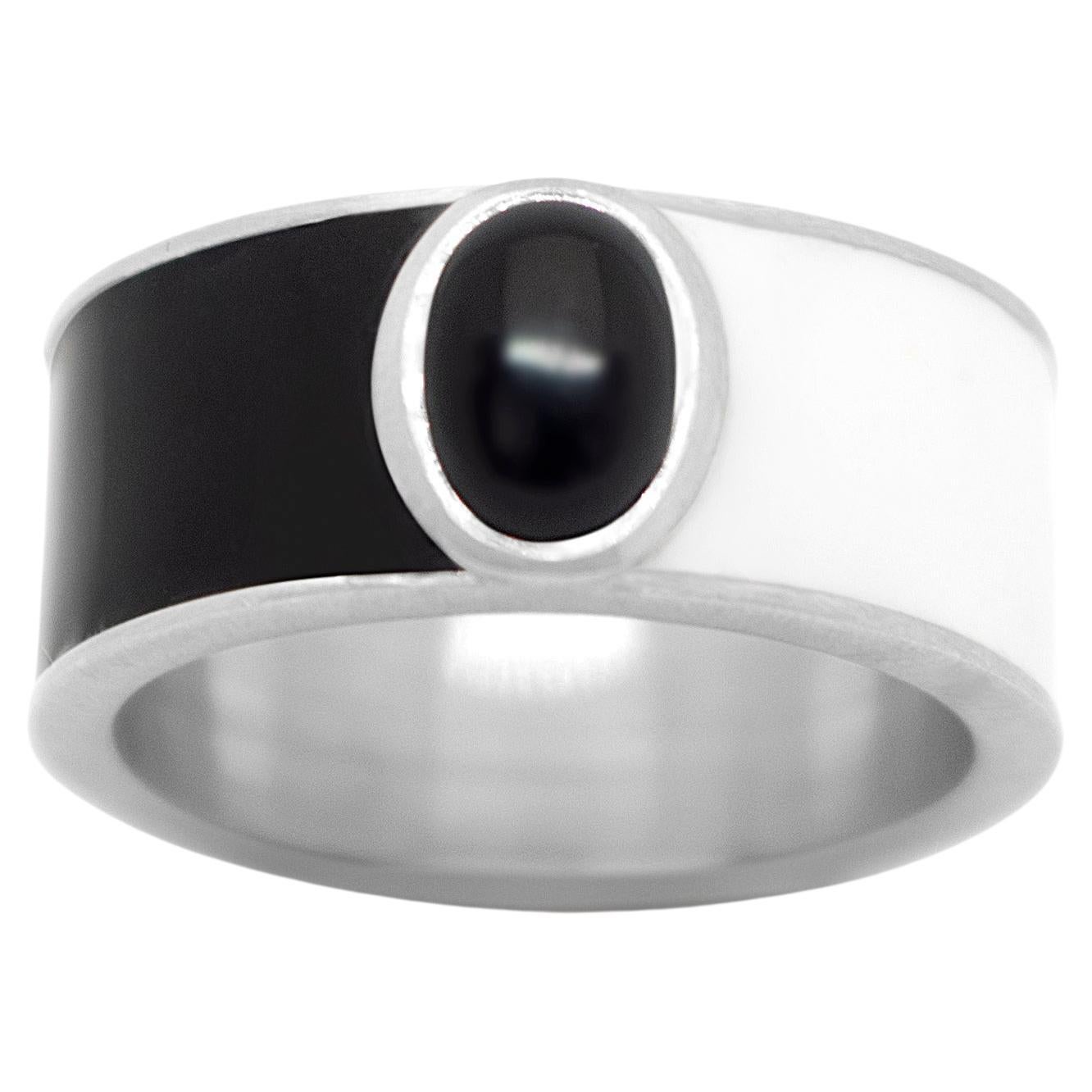 Band Ring in Sterling Silver and Enamel with Black Onyx For Sale