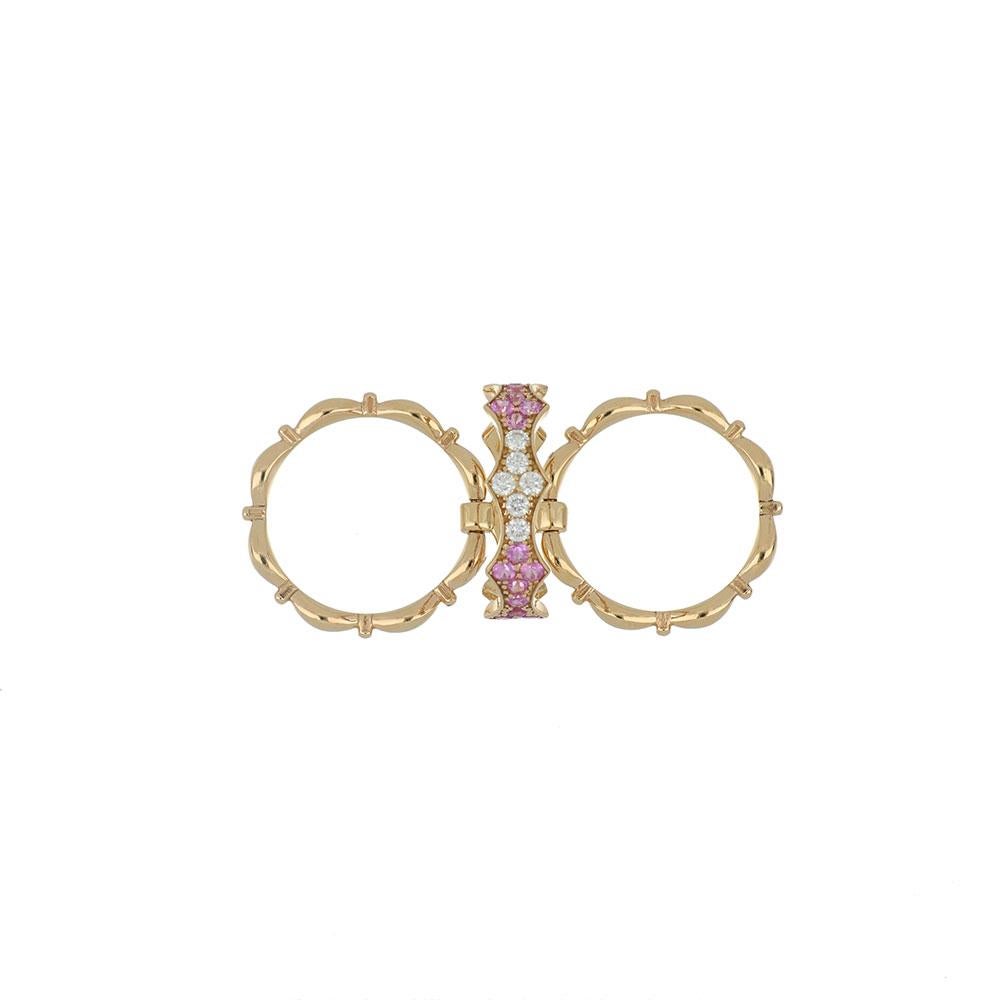 This gorgeous piece is a part of the lovely Lucky Me collection. This delightful 18k rose gold ring has beautiful detailed strands that border stunning jewels that flow through the middle. This irresistible and eye-catching ring has .23k white