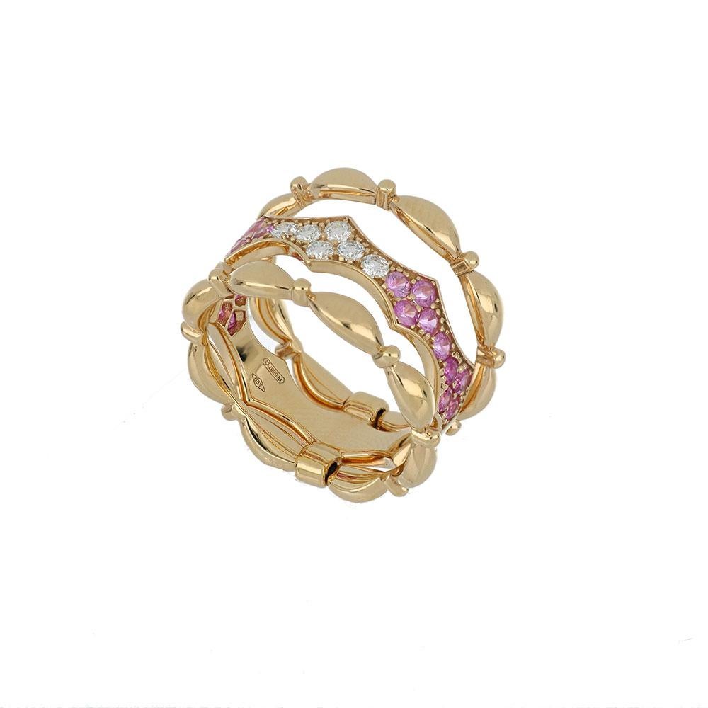 Mixed Cut Band Ring Rose Gold 18 Karat with White Diamond Color G / VS and Pink Sapphires For Sale