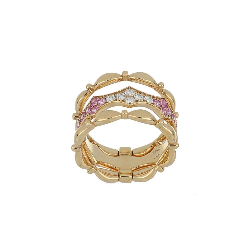 Band Ring Rose Gold 18 Karat with White Diamond Color G / VS and Pink Sapphires For Sale 1