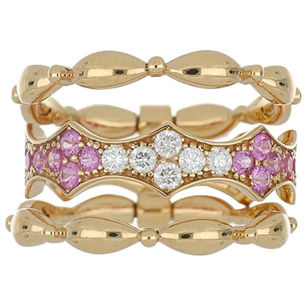 Band Ring Rose Gold 18 Karat with White Diamond Color G / VS and Pink Sapphires For Sale