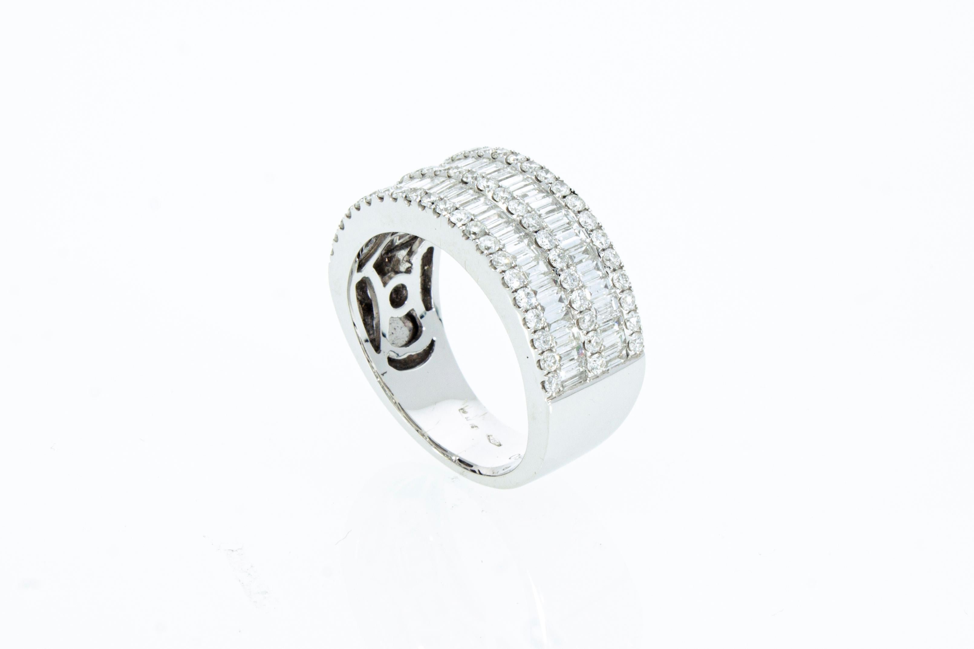 Women's Band Ring with 2.03 Ct of Brilliant and Baguette Cut Diamonds, 18 Kt White Gold  For Sale