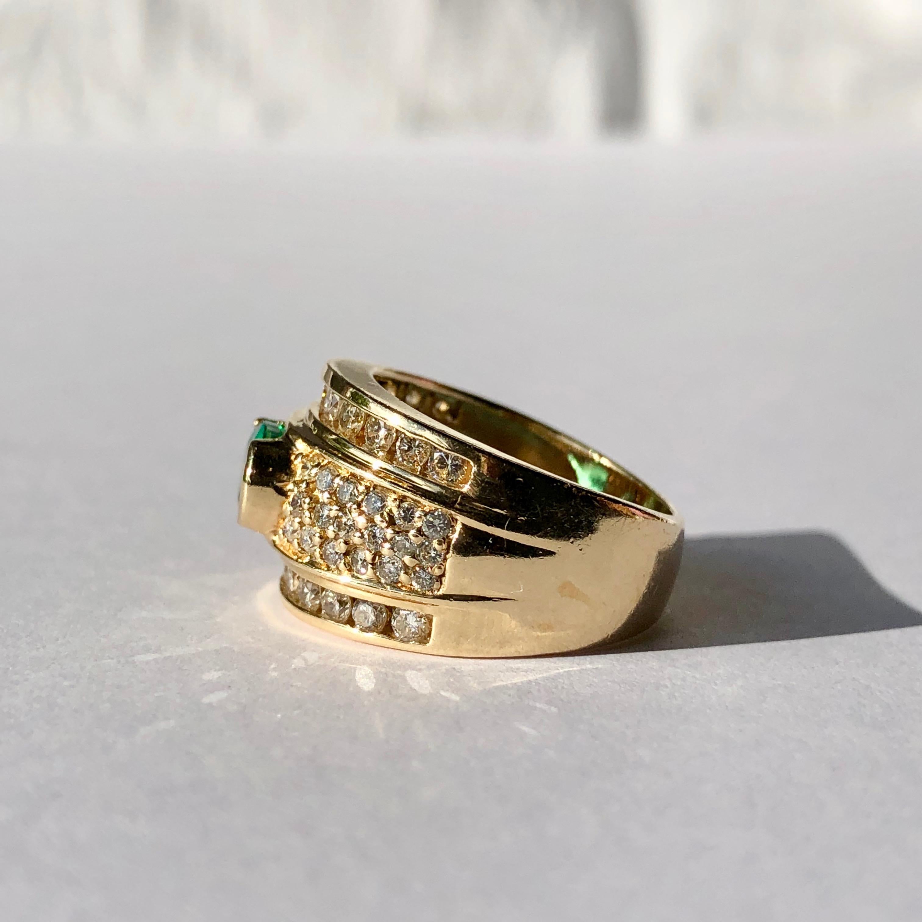 Oval Cut Band Ring With Oval 1ct Emerald 1.50ct Round Brilliant Cut Diamonds 18k Gold For Sale
