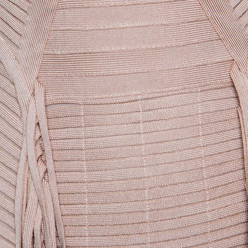Women's Bandage Herve Leger Beige Fringed Sleeveless Bandage Dress S For Sale