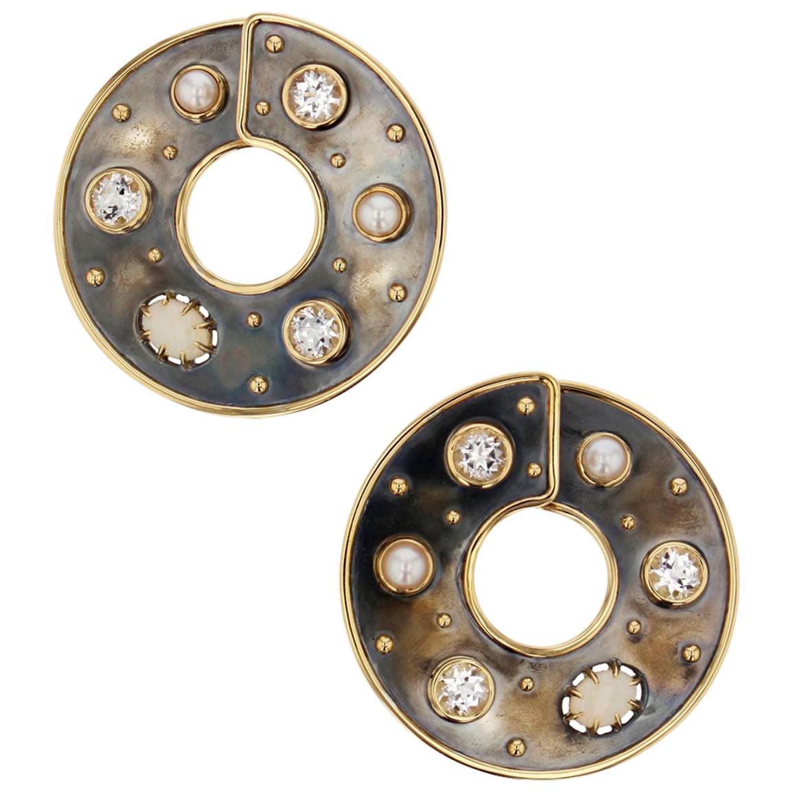 Opal Topaz Bandeau Earrings set with Pearls in 18k gold by Elie Top