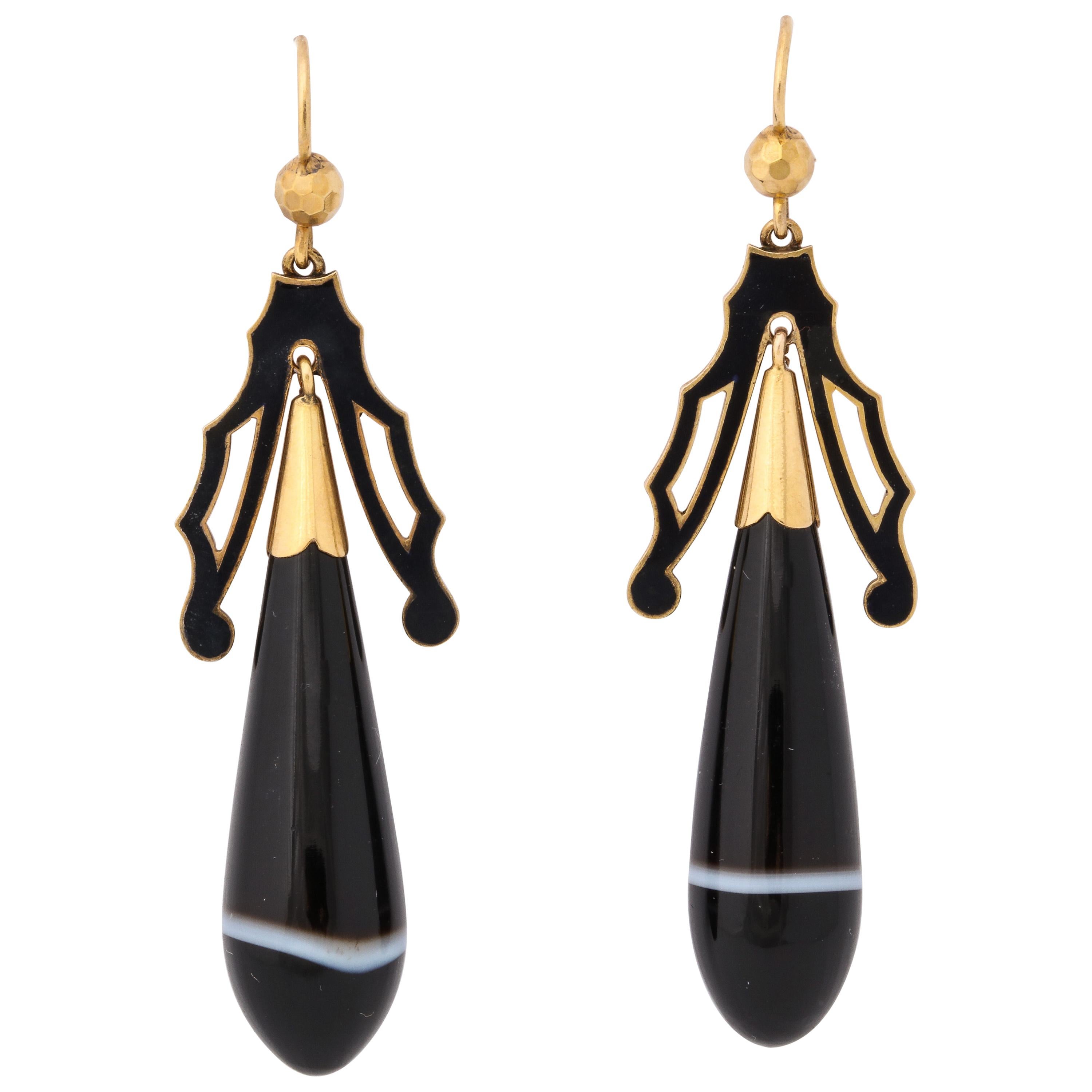 Nature's Symmetry Victorian Enamel Banded Agate Earrings at 1stDibs