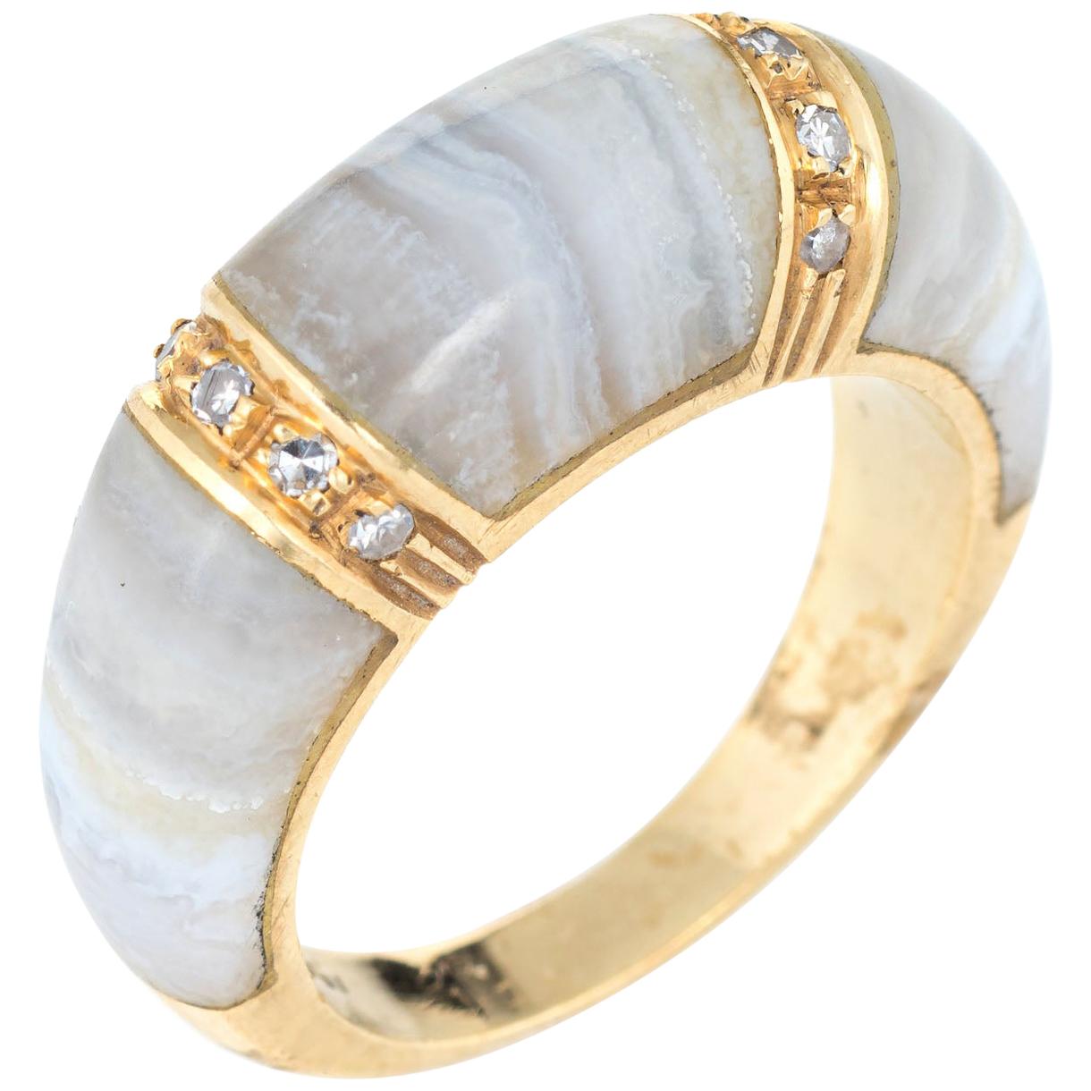 Banded Agate Diamond Ring 18 Karat Yellow Gold Dome Band Jewelry Stacking