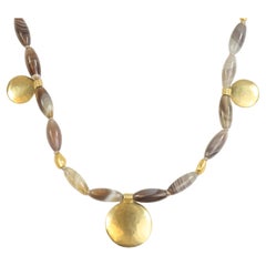 Banded Agate & Gold Nugget Beaded 16" Necklace – Egyptian Revival, 18K 22K Gold