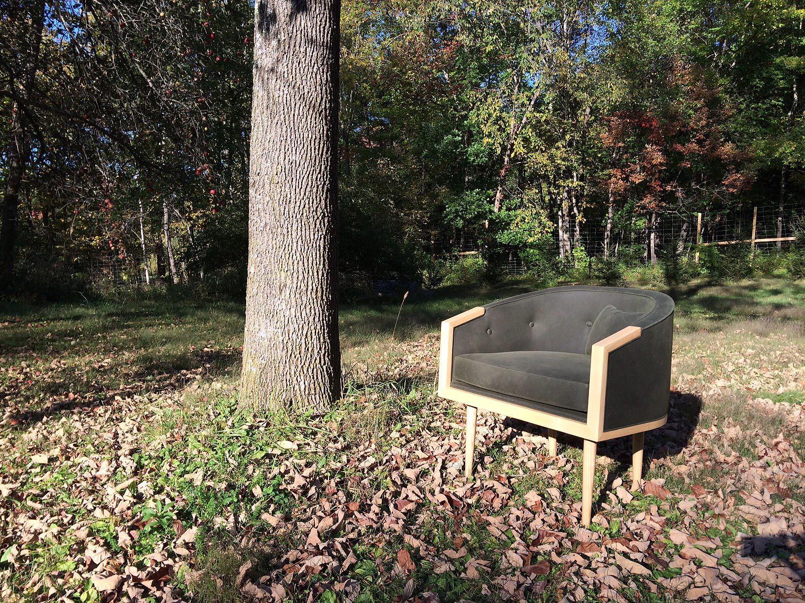 Contemporary Loveseat with Walnut Banded Barrel Back, Hand-Turned Legs and Tufting For Sale