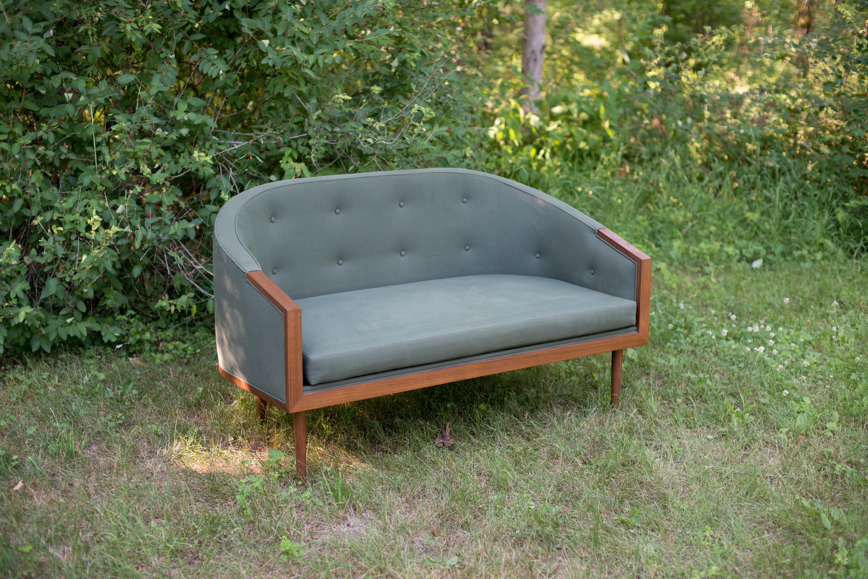 Hand-Crafted Loveseat with Walnut Banded Barrel Back, Hand-Turned Legs and Tufting For Sale
