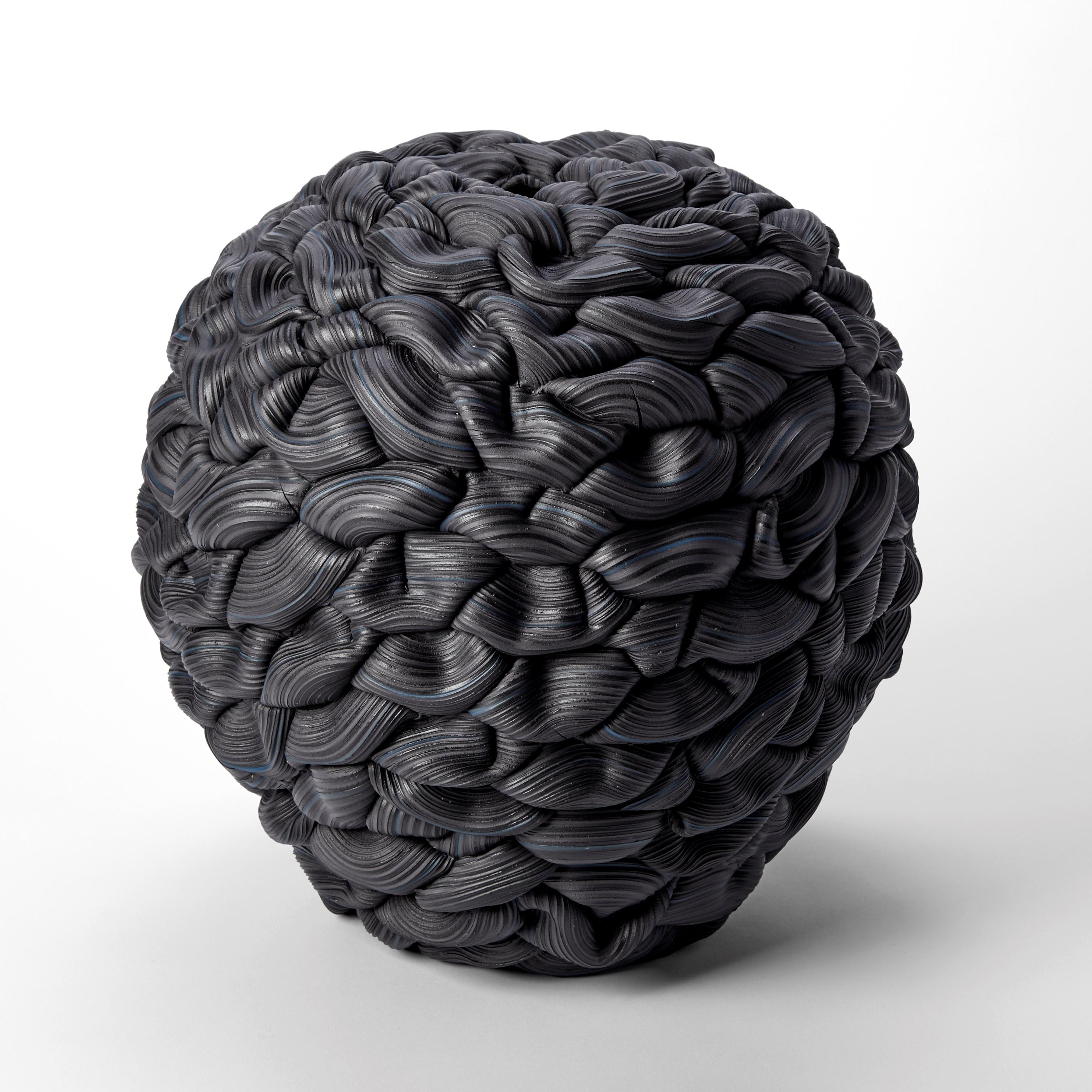 Hand-Crafted Banded Black Convex Fold V, black parian porcelain sculpture by Steven Edwards For Sale