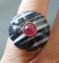Banded Black Onyx Turban Fashion Ring Ruby Cabochon 14 Karat Solid Yellow Gold