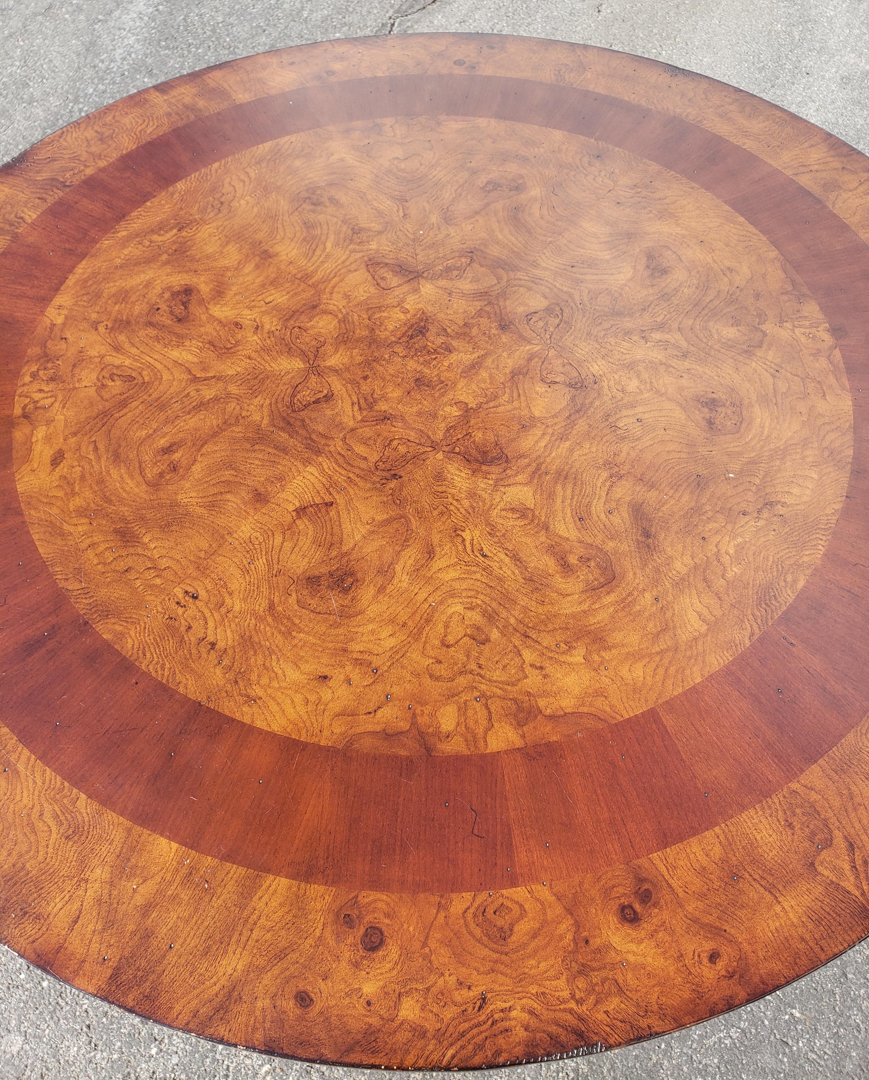 Banded Burl Walnut Distressed Center Table with Veneered Quad Part Pedestal Base 3