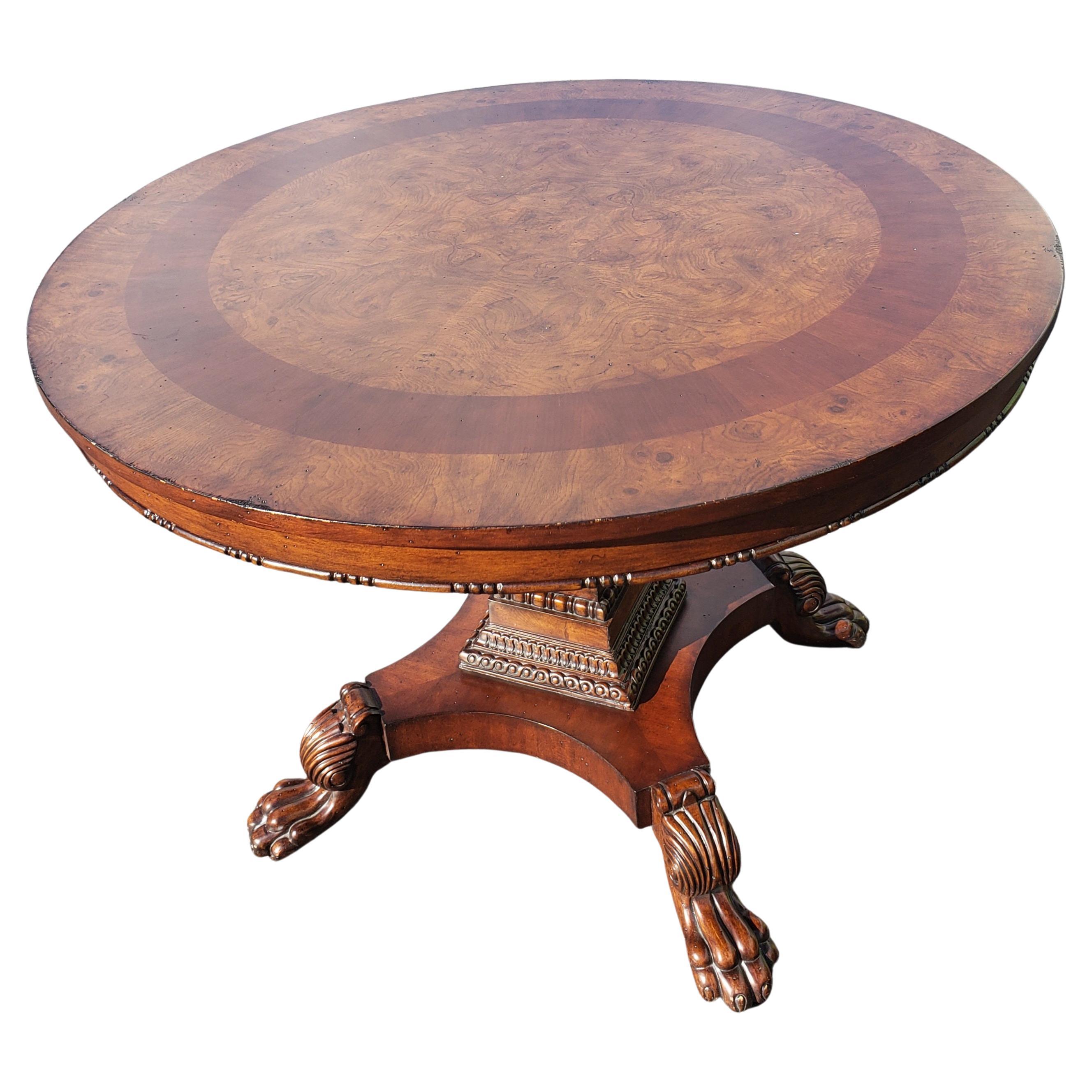 Baroque Revival Banded Burl Walnut Distressed Center Table with Veneered Quad Part Pedestal Base
