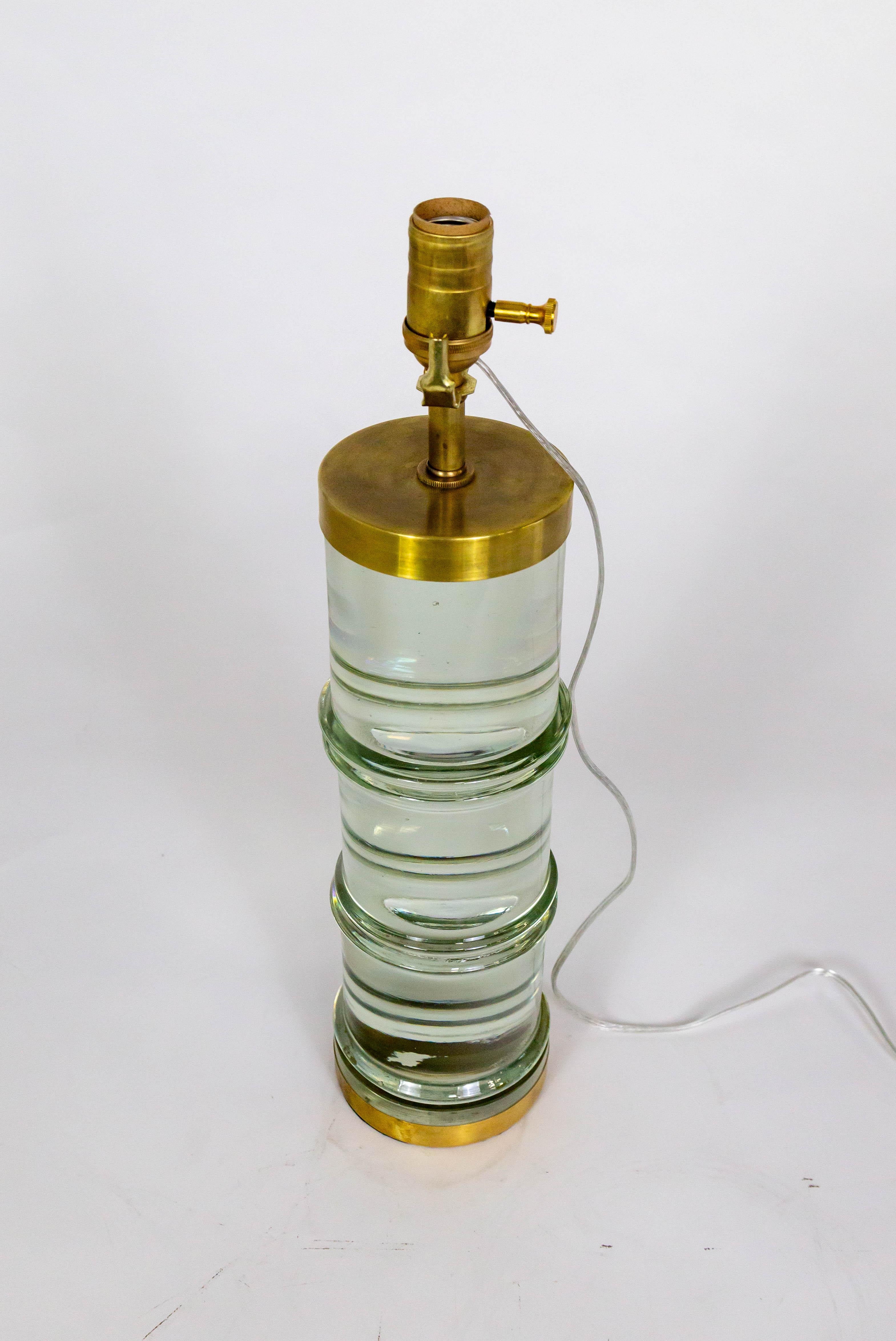 Brass Banded Cylindrical Murano Magnifying Solid Glass Lamp For Sale