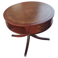 Banded Leather Stenciled Top Double Drum 4-drawer Mahogany Center Table, C 1940s