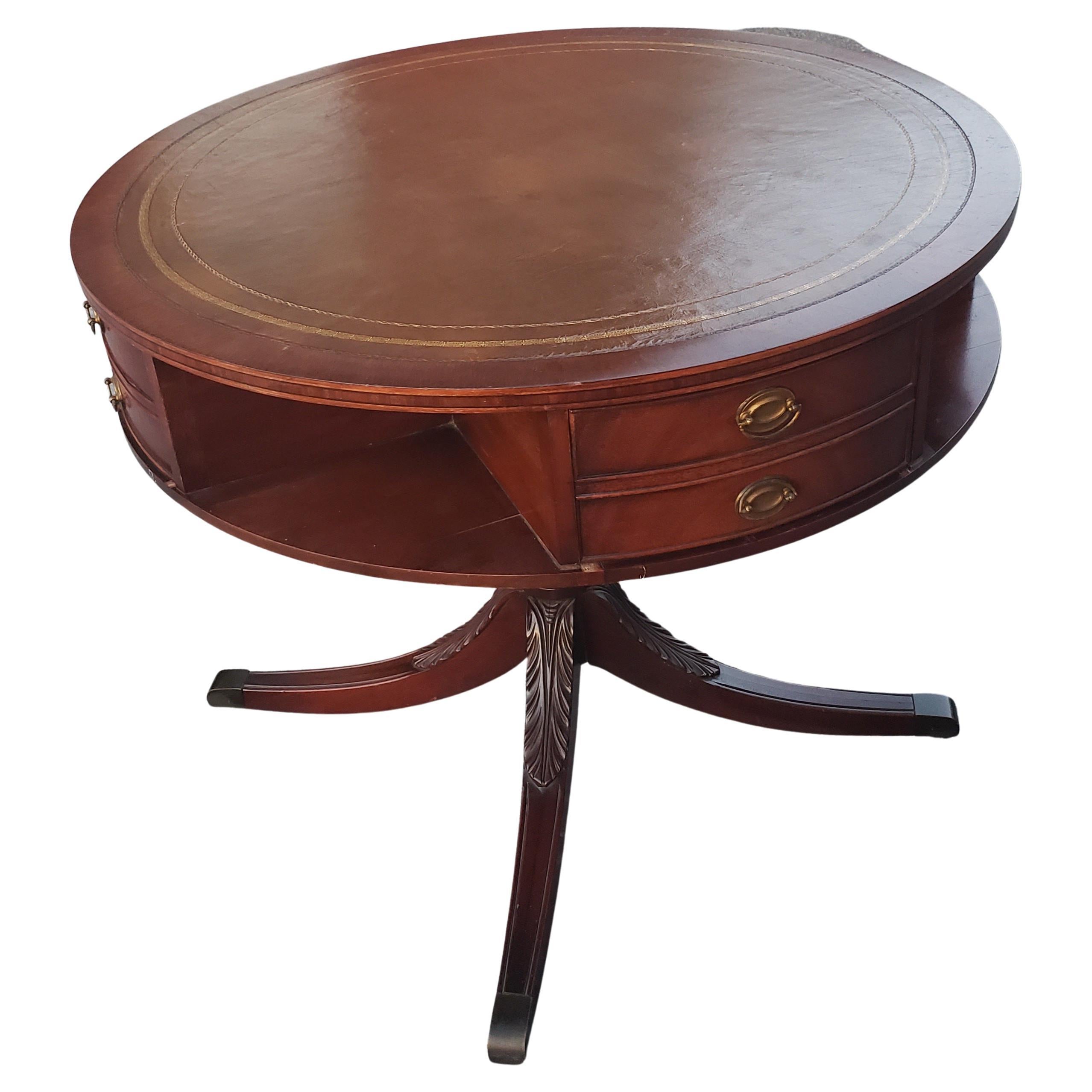 Woodwork Banded Leather Stenciled Top Double Drum 4-drawer Mahogany Center Table, C 1940s For Sale