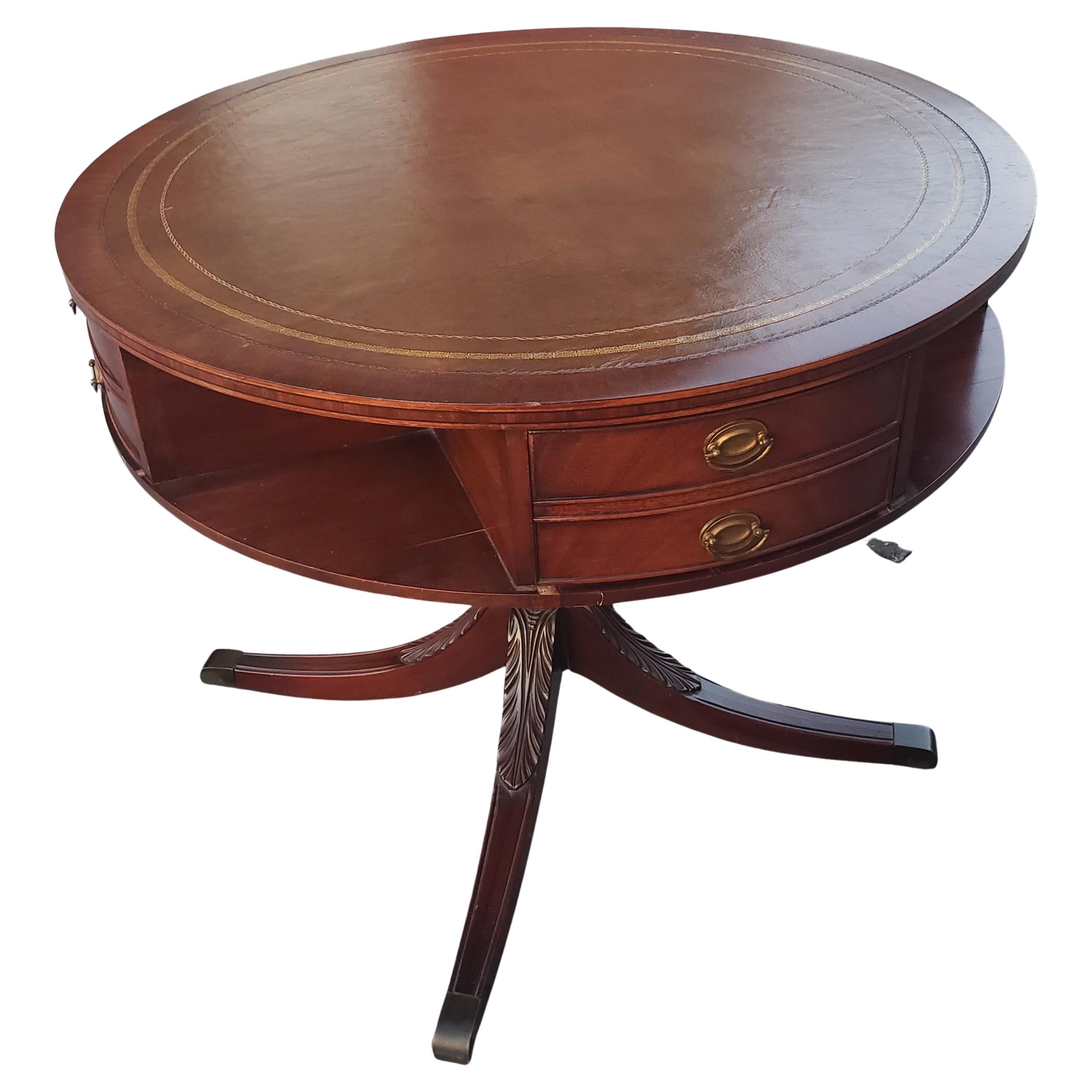 Banded Leather Stenciled Top Double Drum 4-drawer Mahogany Center Table, C 1940s In Good Condition For Sale In Germantown, MD