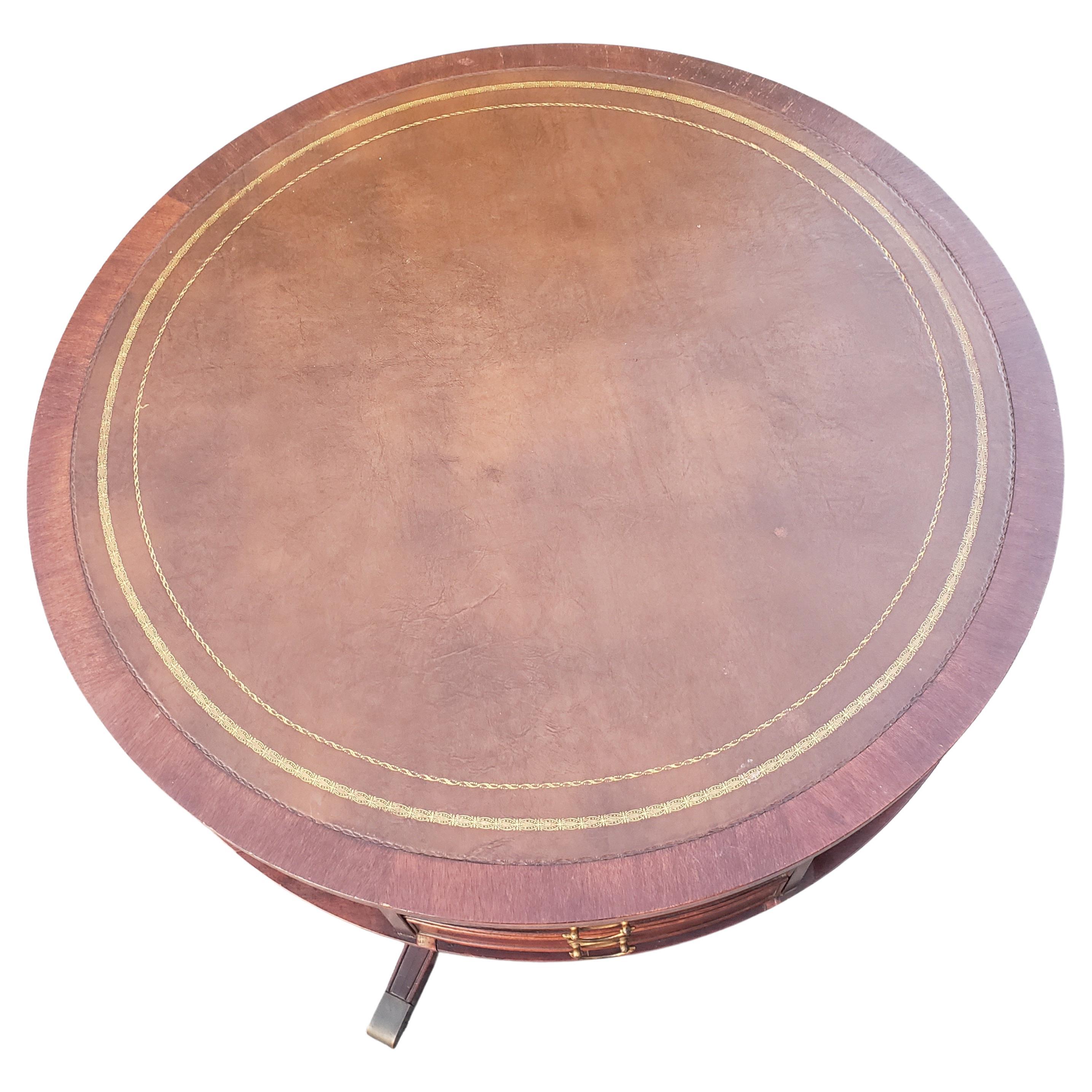 20th Century Banded Leather Stenciled Top Double Drum 4-drawer Mahogany Center Table, C 1940s For Sale
