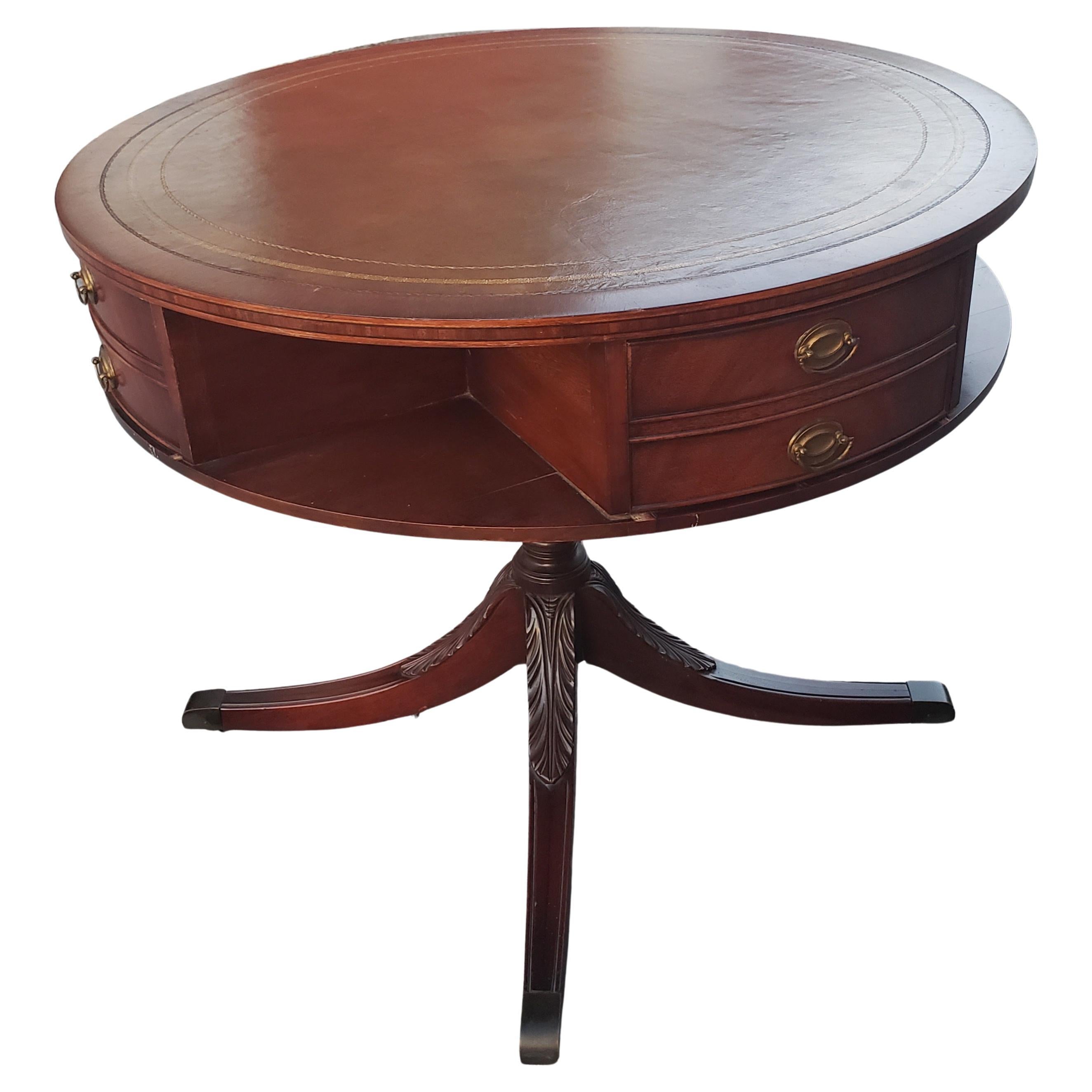 Banded Leather Stenciled Top Double Drum 4-drawer Mahogany Center Table, C 1940s For Sale 1