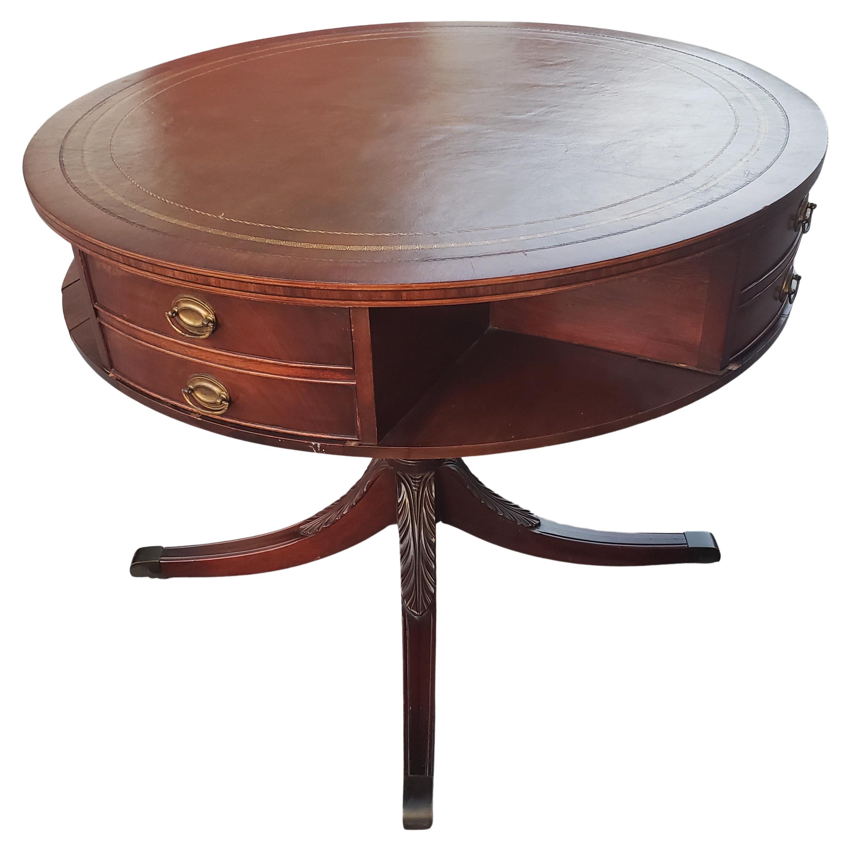 Banded Leather Stenciled Top Double Drum 4-drawer Mahogany Center Table, C 1940s