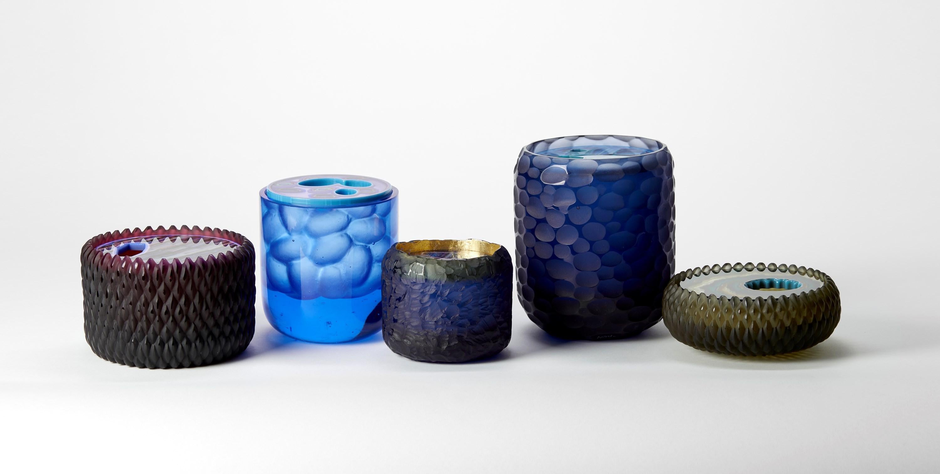 Banded Lupin, an aubergine, lilac & aqua cast glass lidded box by Angela Jarman For Sale 2