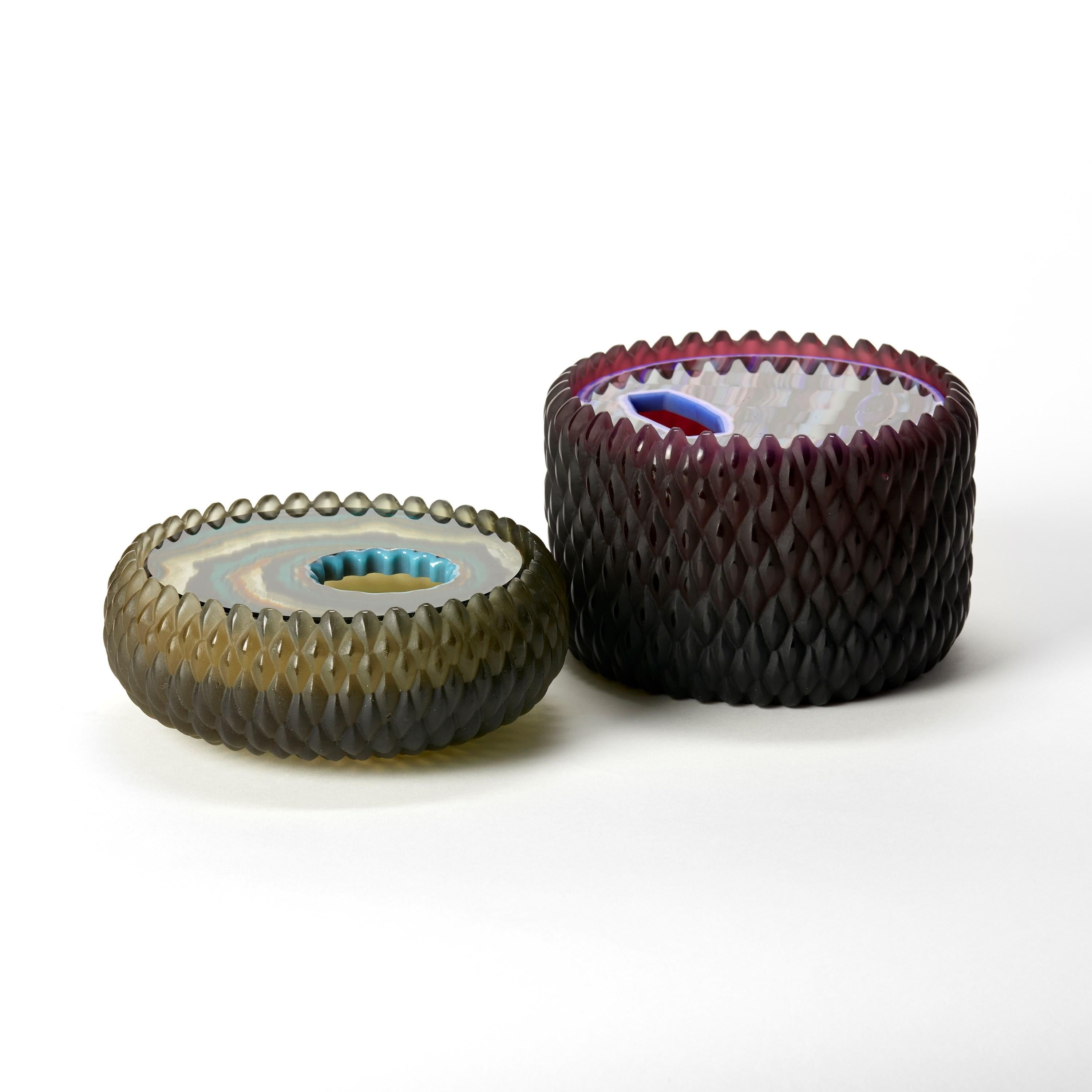 Cast Banded Lupin, an aubergine, lilac & aqua cast glass lidded box by Angela Jarman For Sale