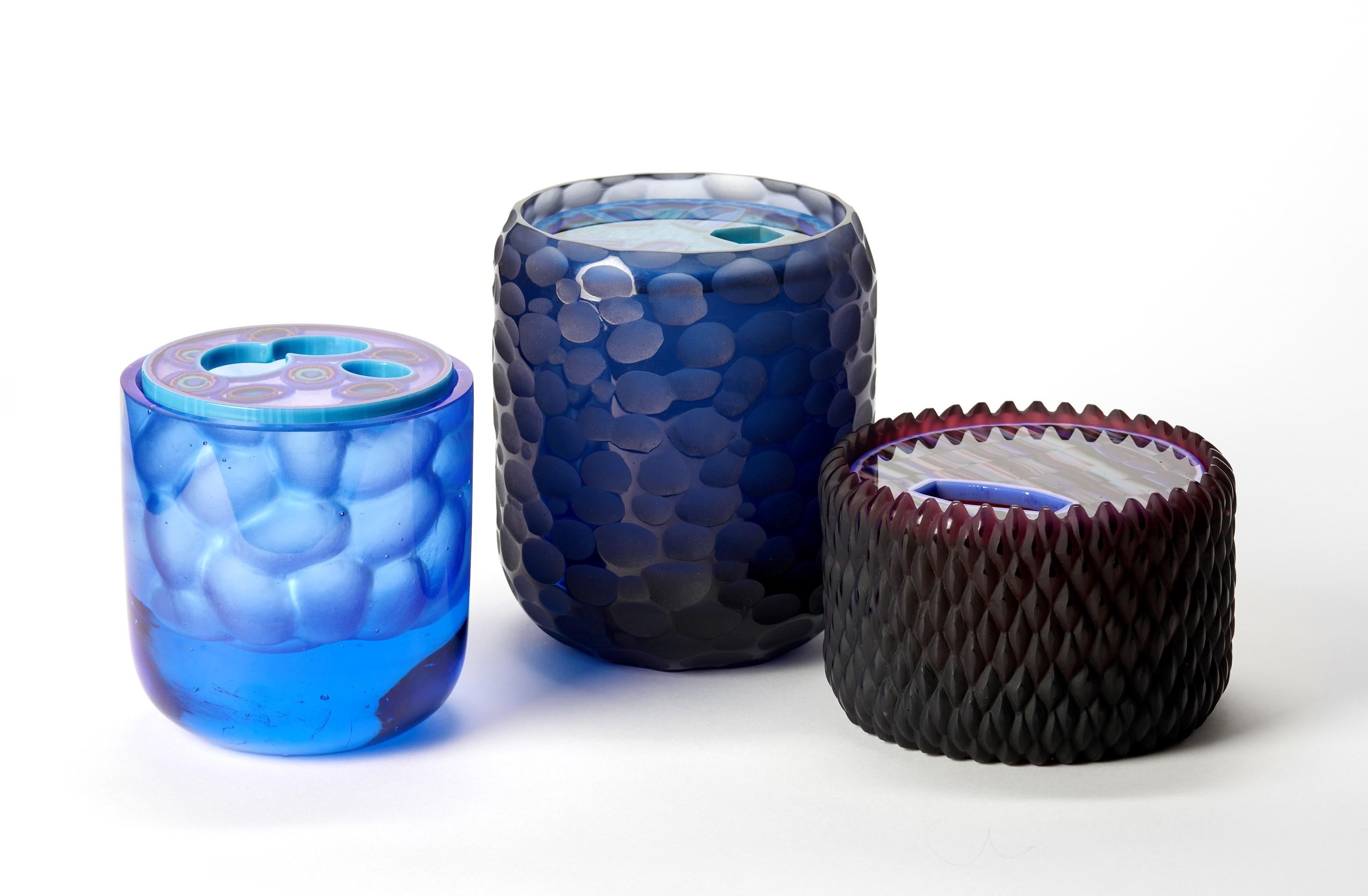 Banded Lupin, an aubergine, lilac & aqua cast glass lidded box by Angela Jarman In New Condition For Sale In London, GB