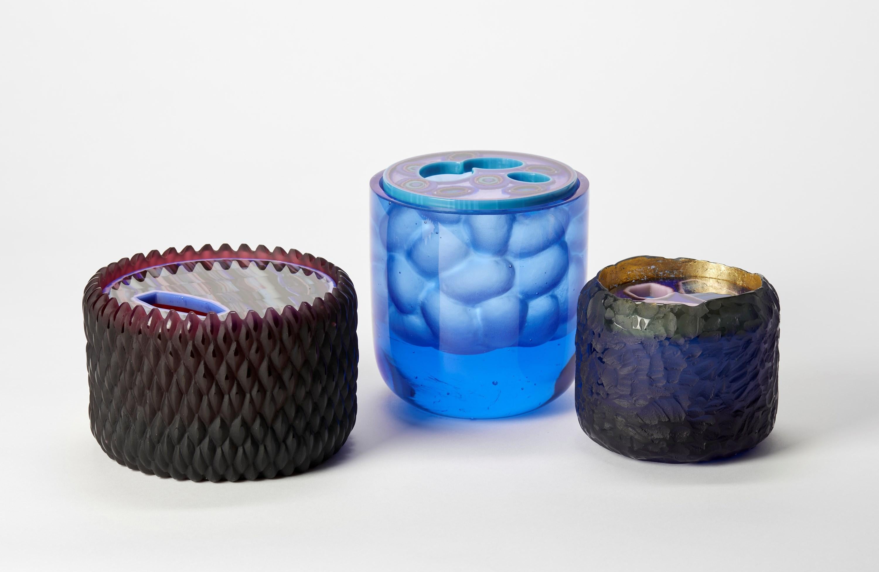 Glass Banded Lupin, an aubergine, lilac & aqua cast glass lidded box by Angela Jarman For Sale