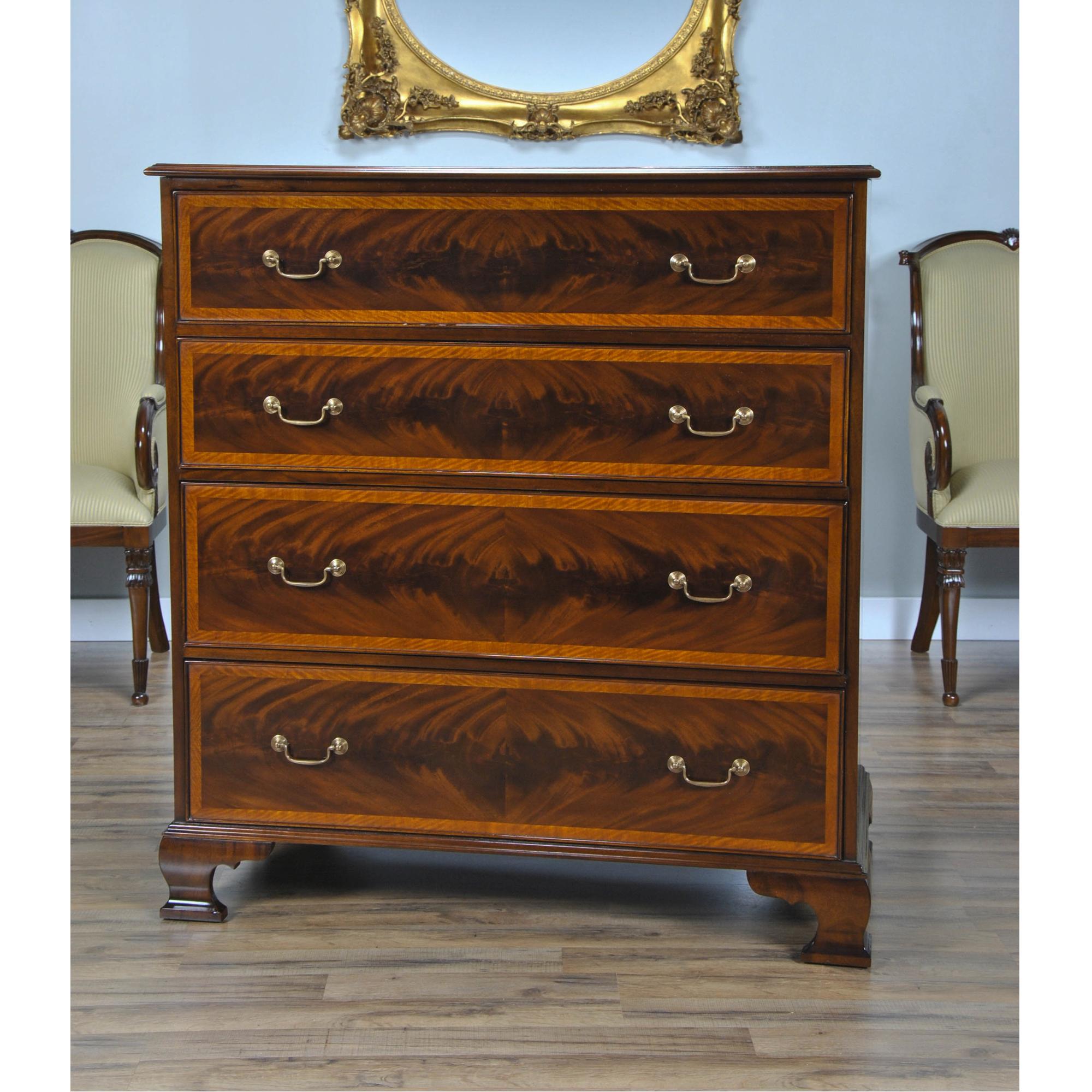 Decorative and functional best describe this high quality Banded Mahogany Chest. Banded Mahogany Chest is a reproduction of an English antique chest from the Eighteenth Century. Both decorative and useful the chest is a pleasure to behold while