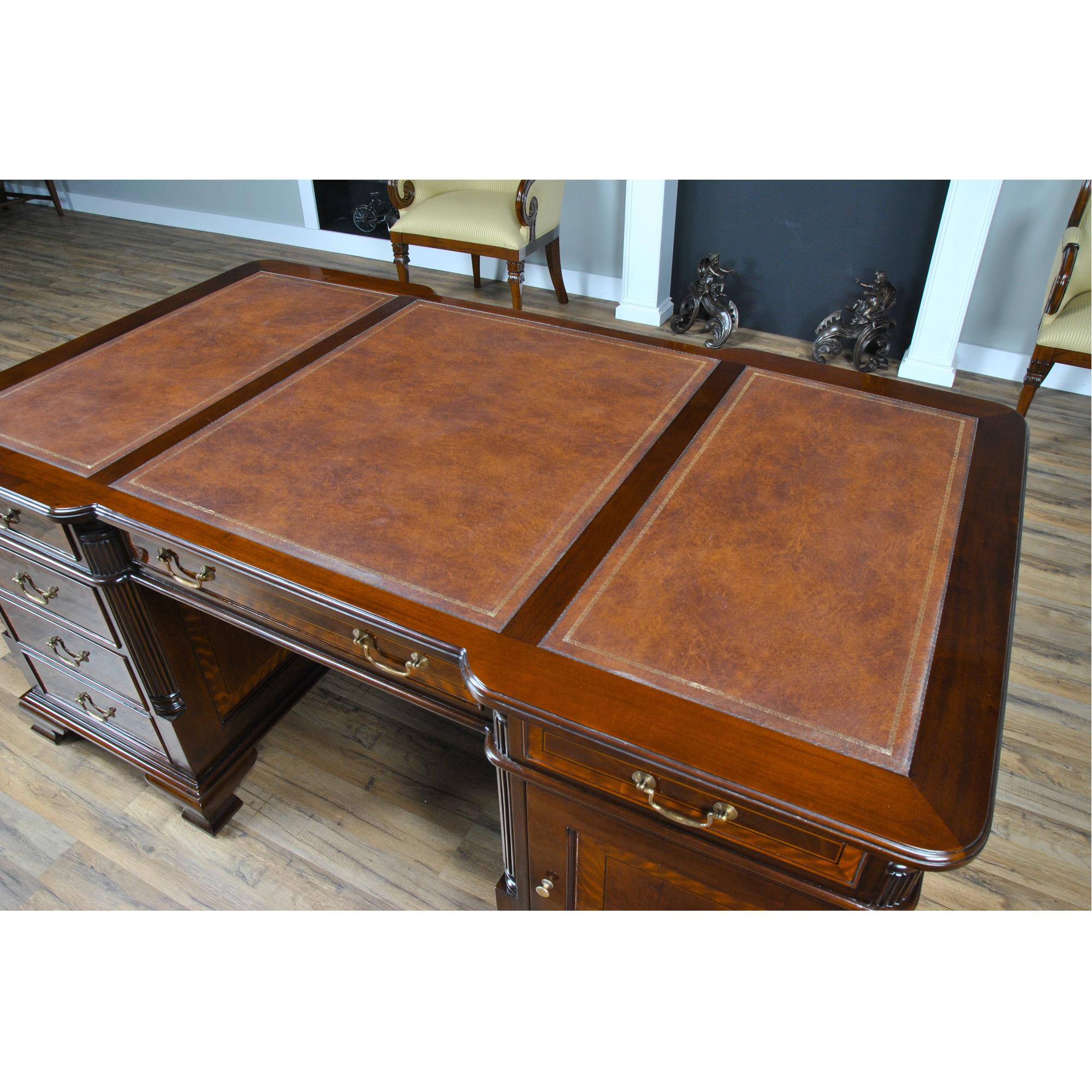 Hand-Carved Banded Mahogany Partners Desk For Sale
