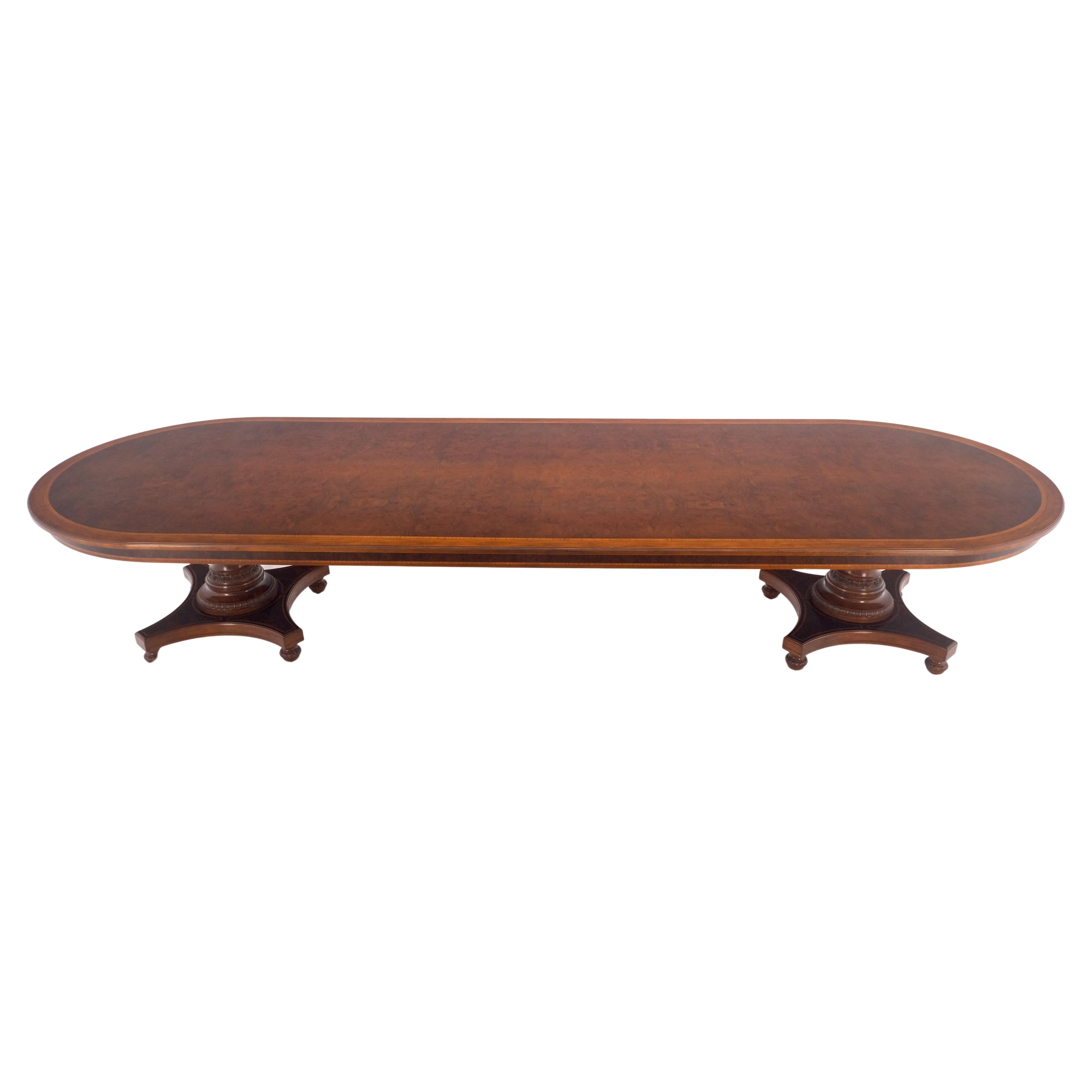 Banded Oval Racetrack Shape Carved Double Pedestal Burl Walnut 13' Long Dining  For Sale