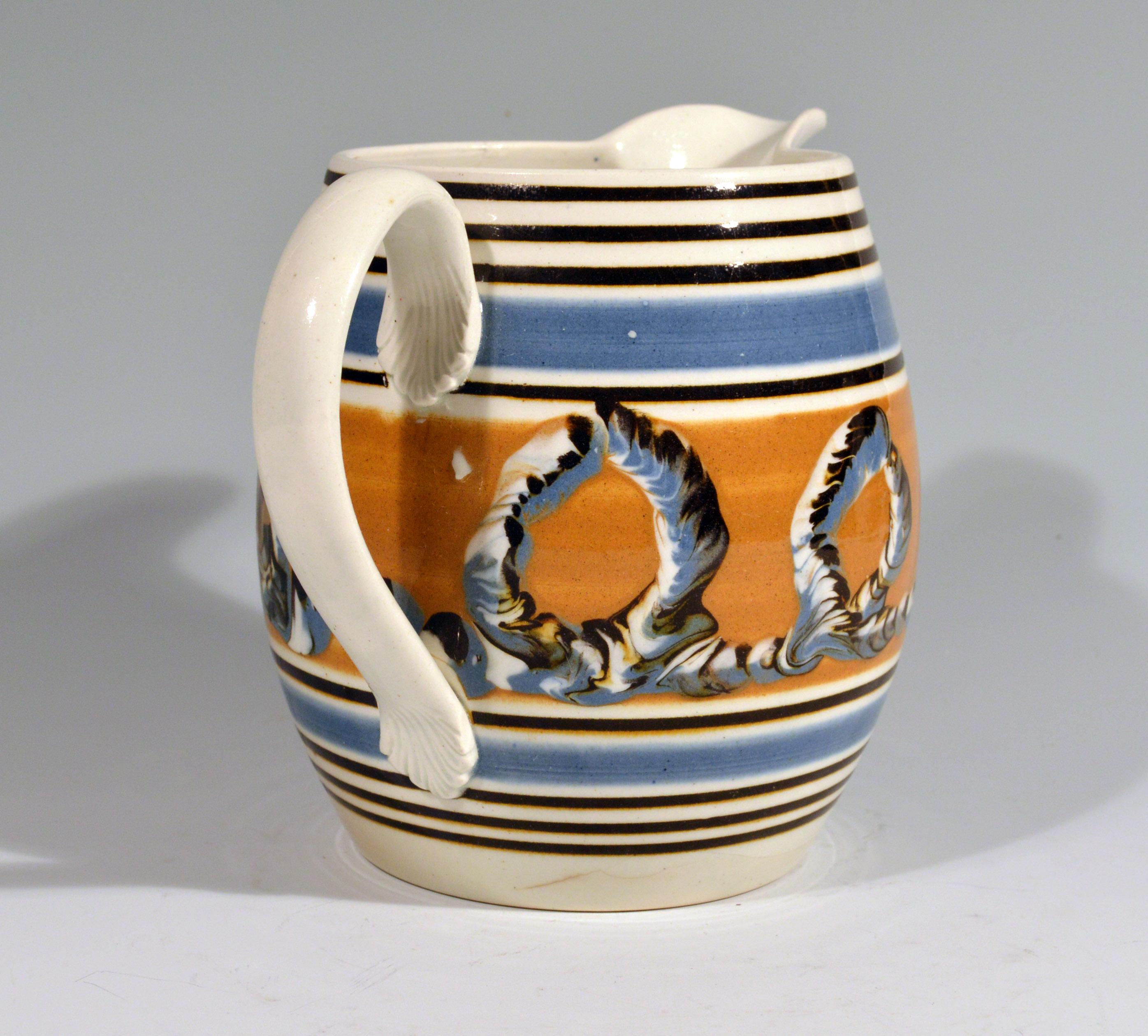 Folk Art Banded Pearlware Mocha Jug with Earthworm Design, 1790-1810