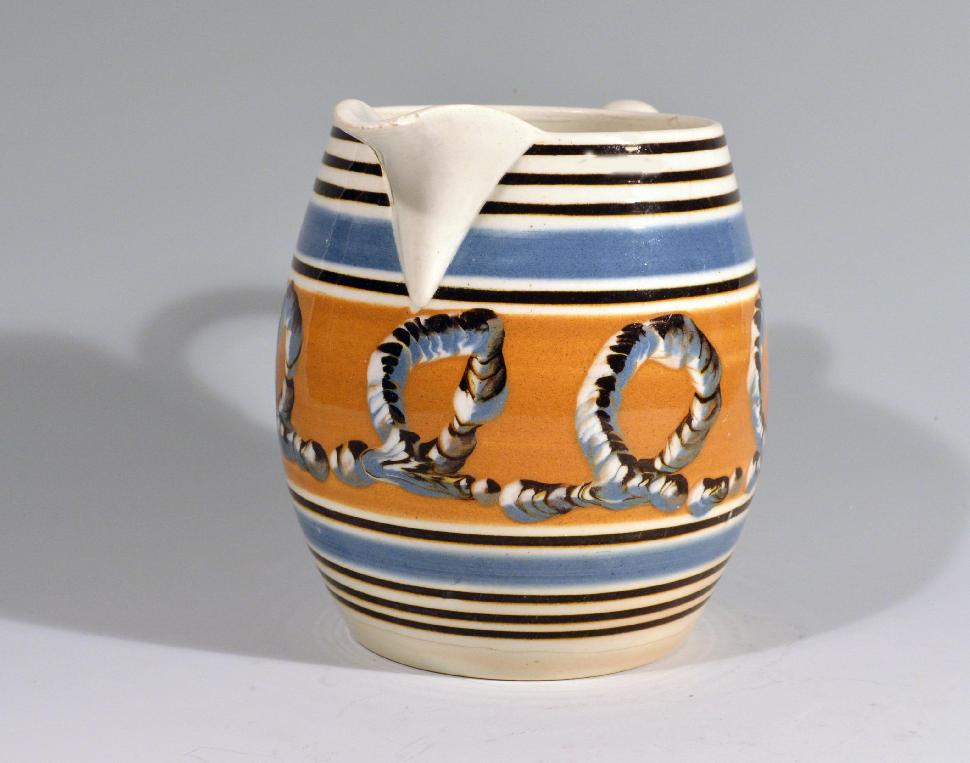 English Banded Pearlware Mocha Jug with Earthworm Design, 1790-1810