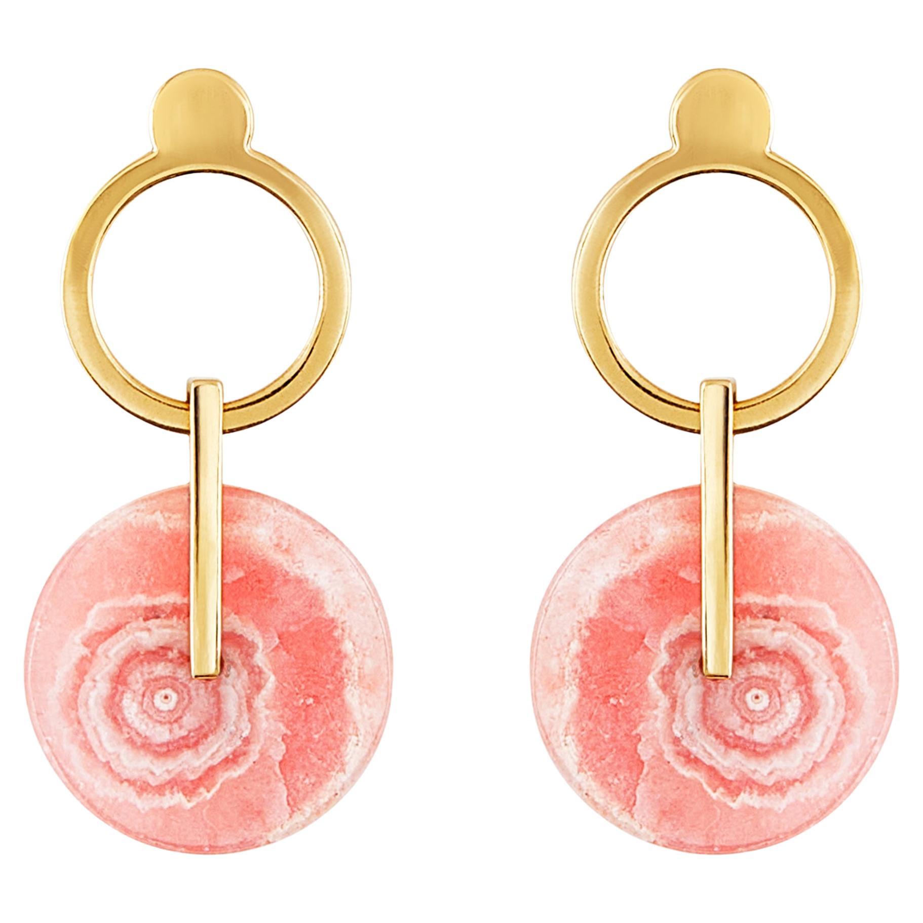 Banded Rodochrosite 18kt Yellow Gold Contemporary Earrings