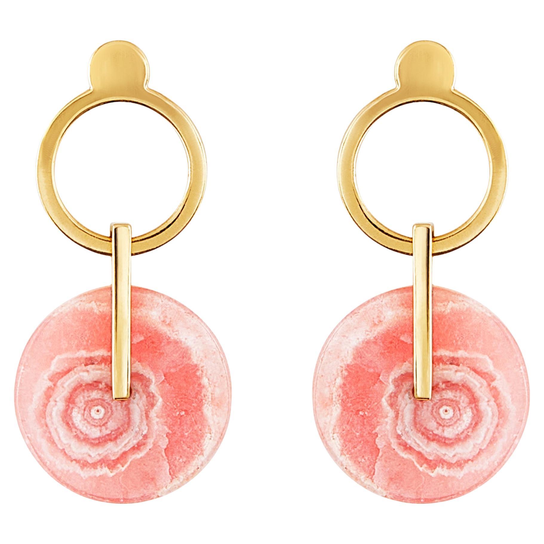 Banded Rodochrosite 18kt Yellow Gold Contemporary Earrings For Sale