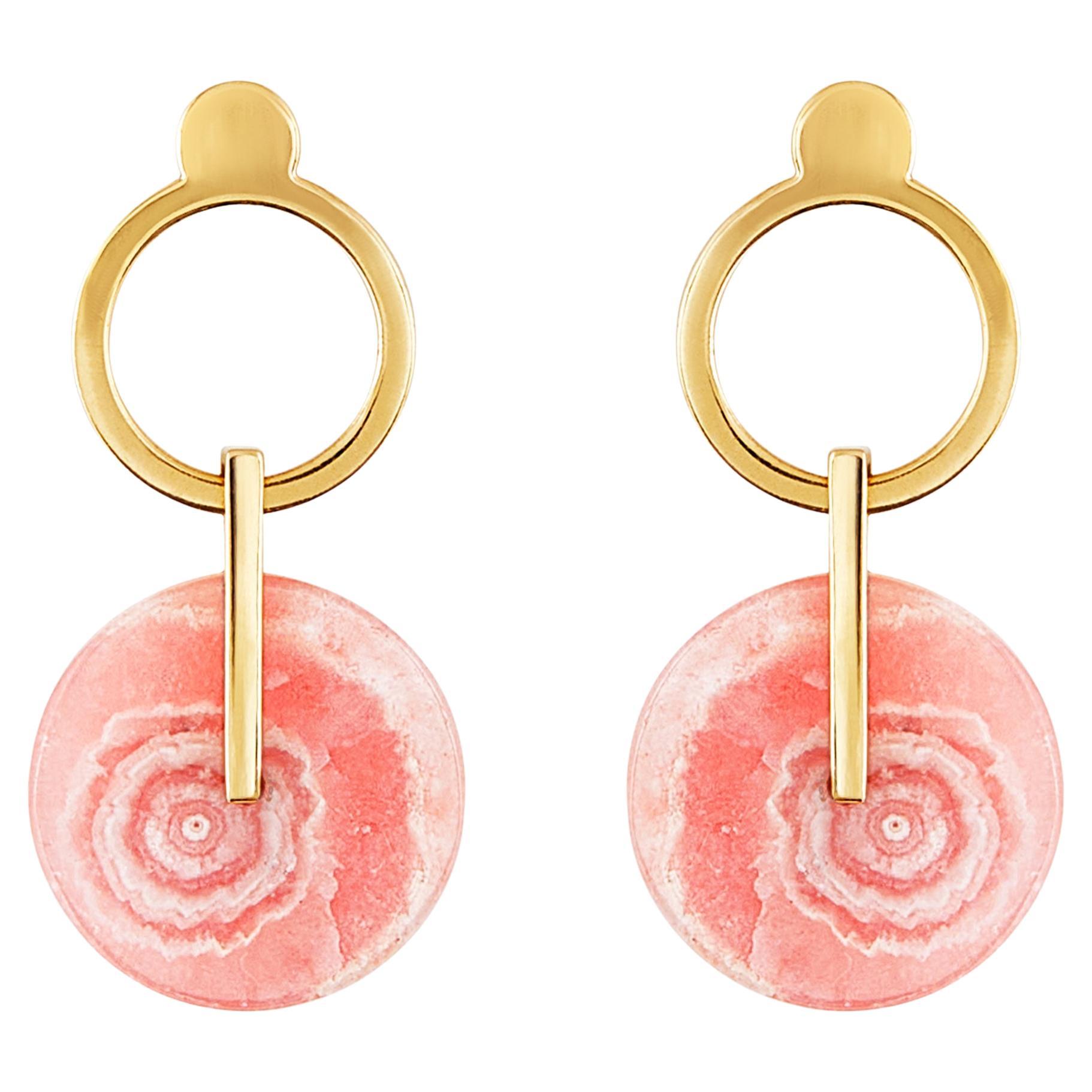 Banded Rodochrosite 18kt Yellow Gold Contemporary Earrings