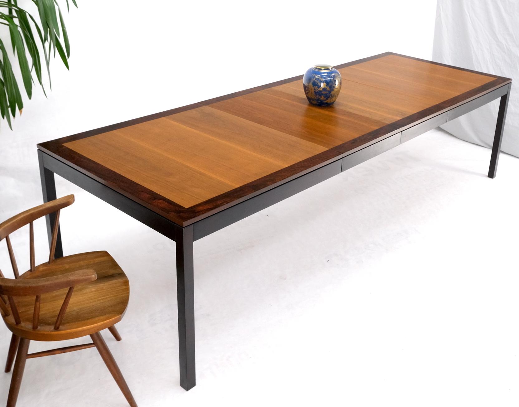 Banded rosewood & walnut rectangle dining table w/ two 20