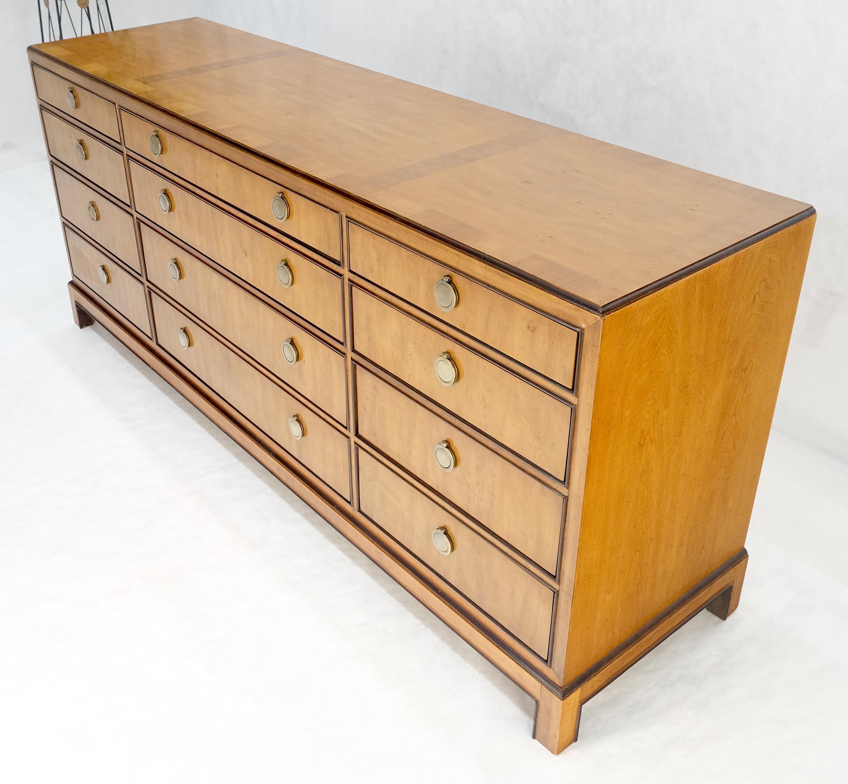 Banded Top 12 Drawers Yew Wood Bracket Feet Mid Century Credenza Dresser MINT! For Sale 4
