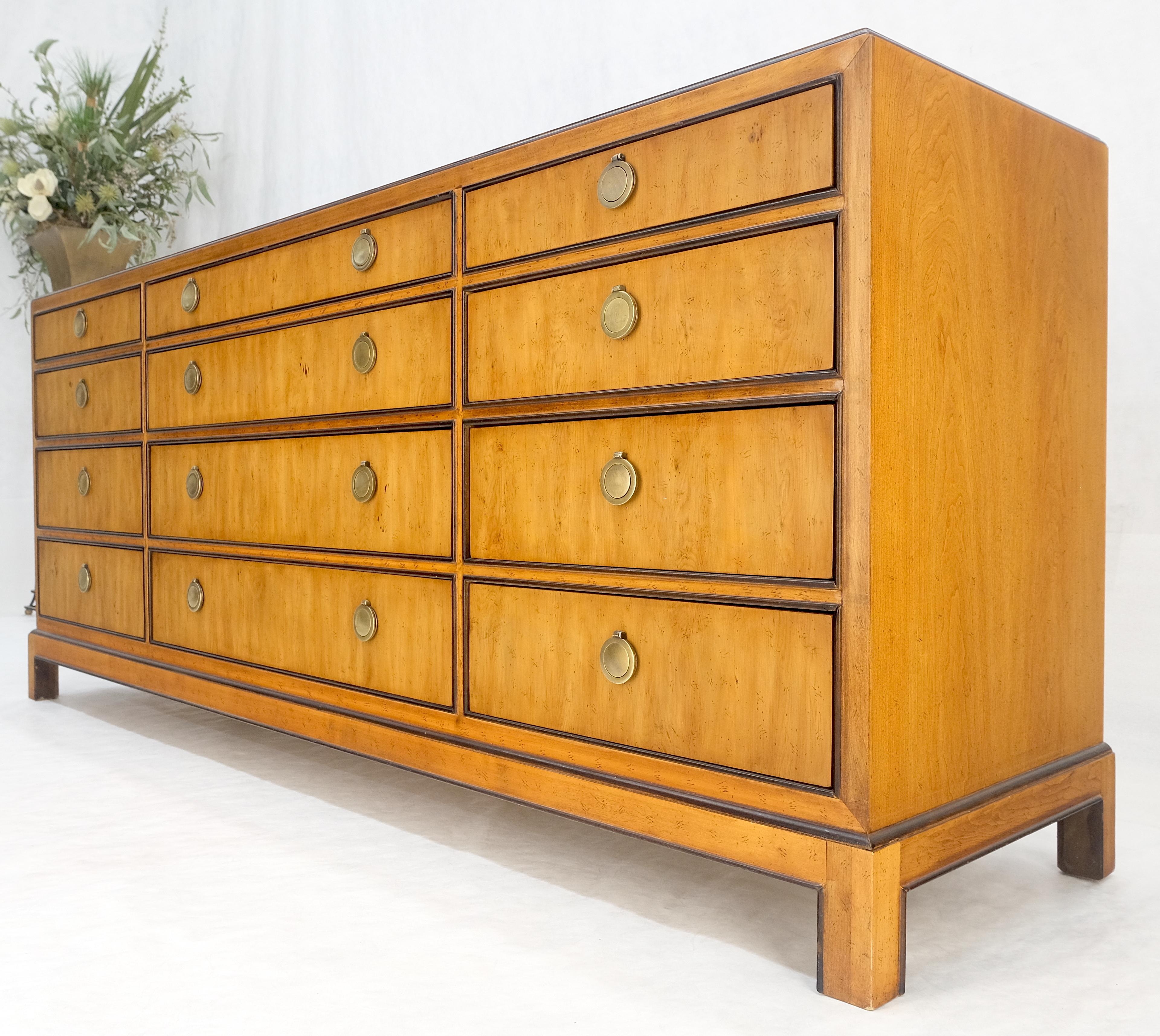 Banded Top 12 Drawers Yew Wood Bracket Feet Mid Century Credenza Dresser MINT! For Sale 5