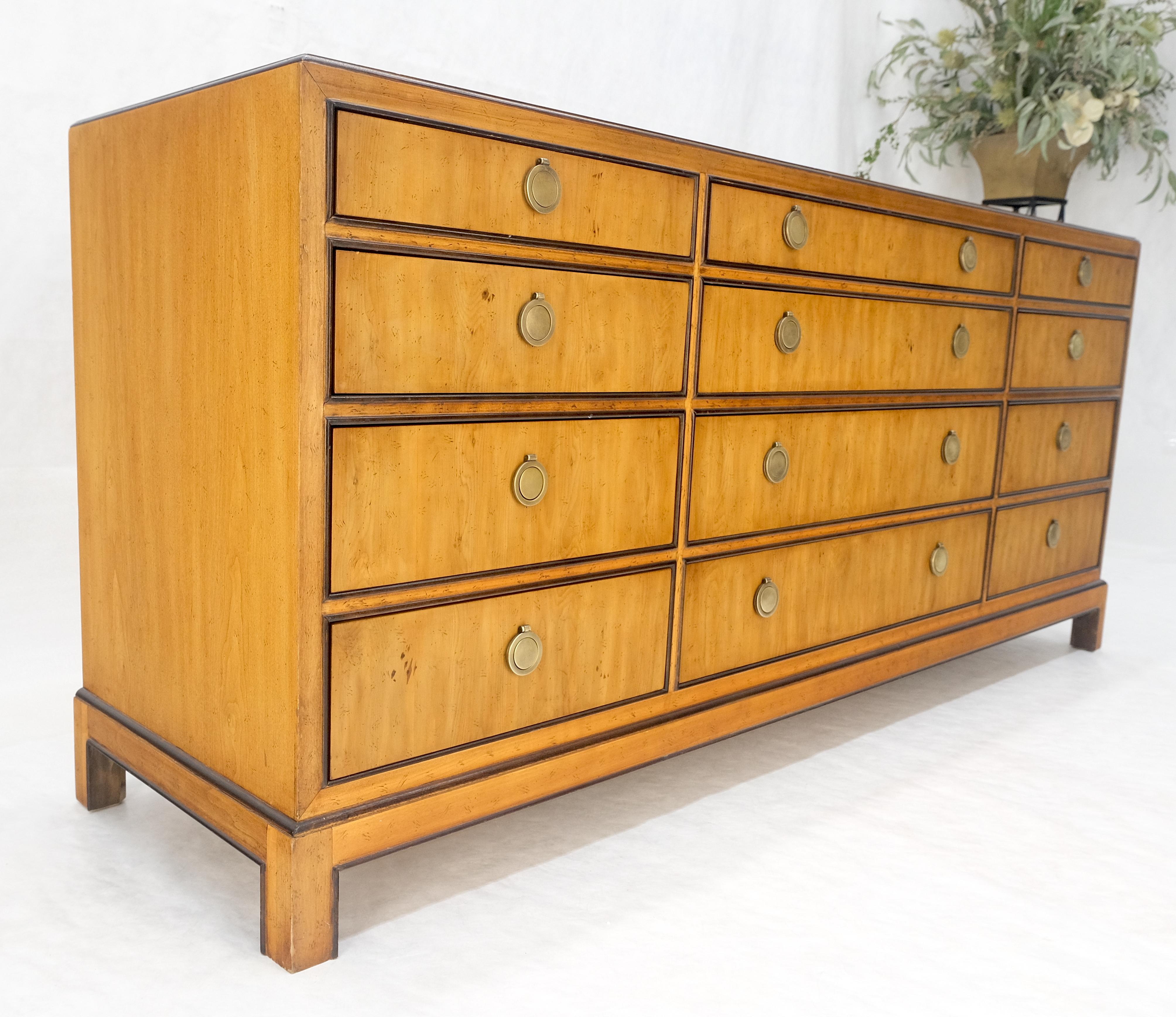 Banded Top 12 Drawers Yew Wood Bracket Feet Mid Century Credenza Dresser MINT! For Sale 6