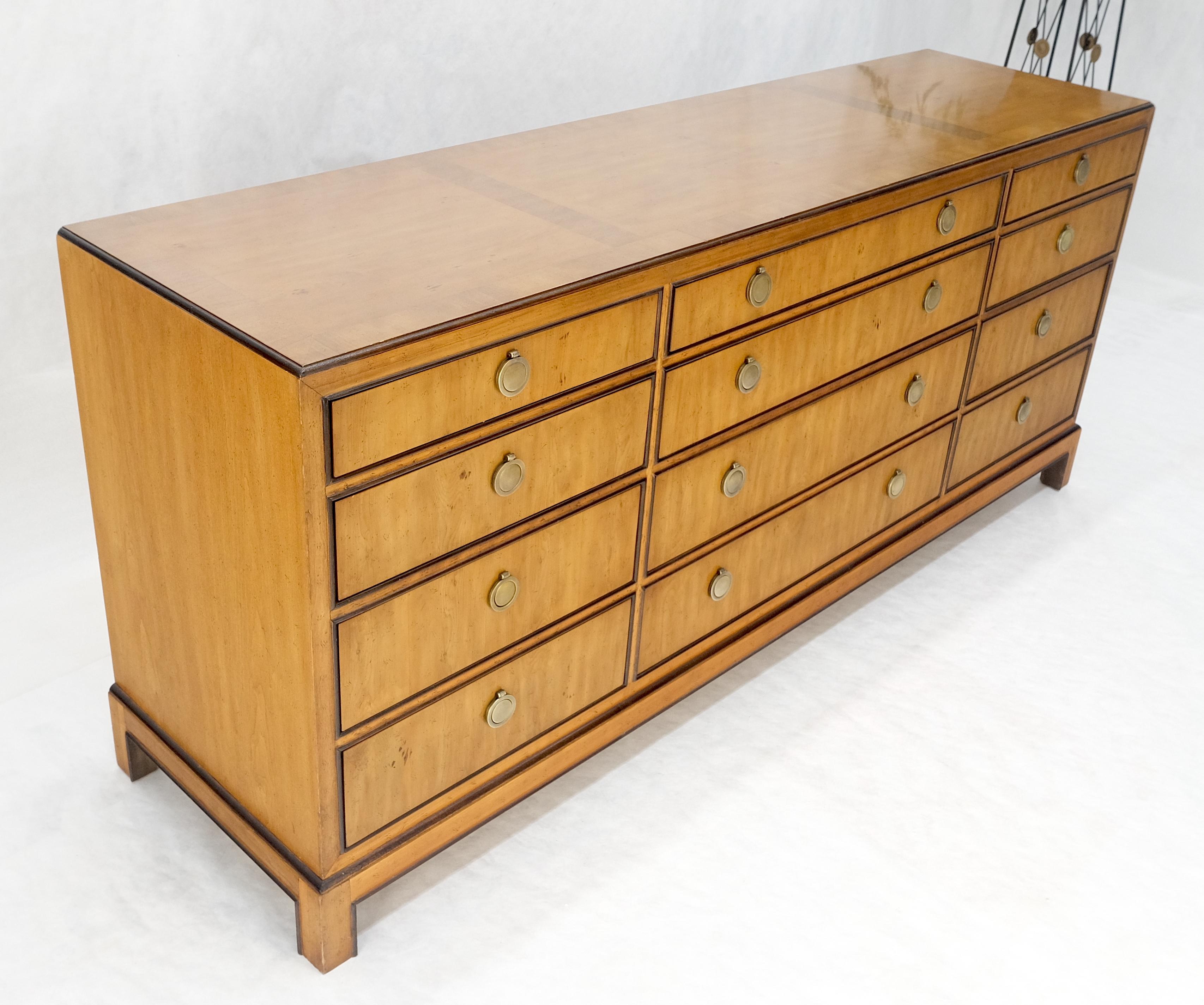 Banded Top 12 Drawers Yew Wood Bracket Feet Mid Century Credenza Dresser MINT! For Sale 7