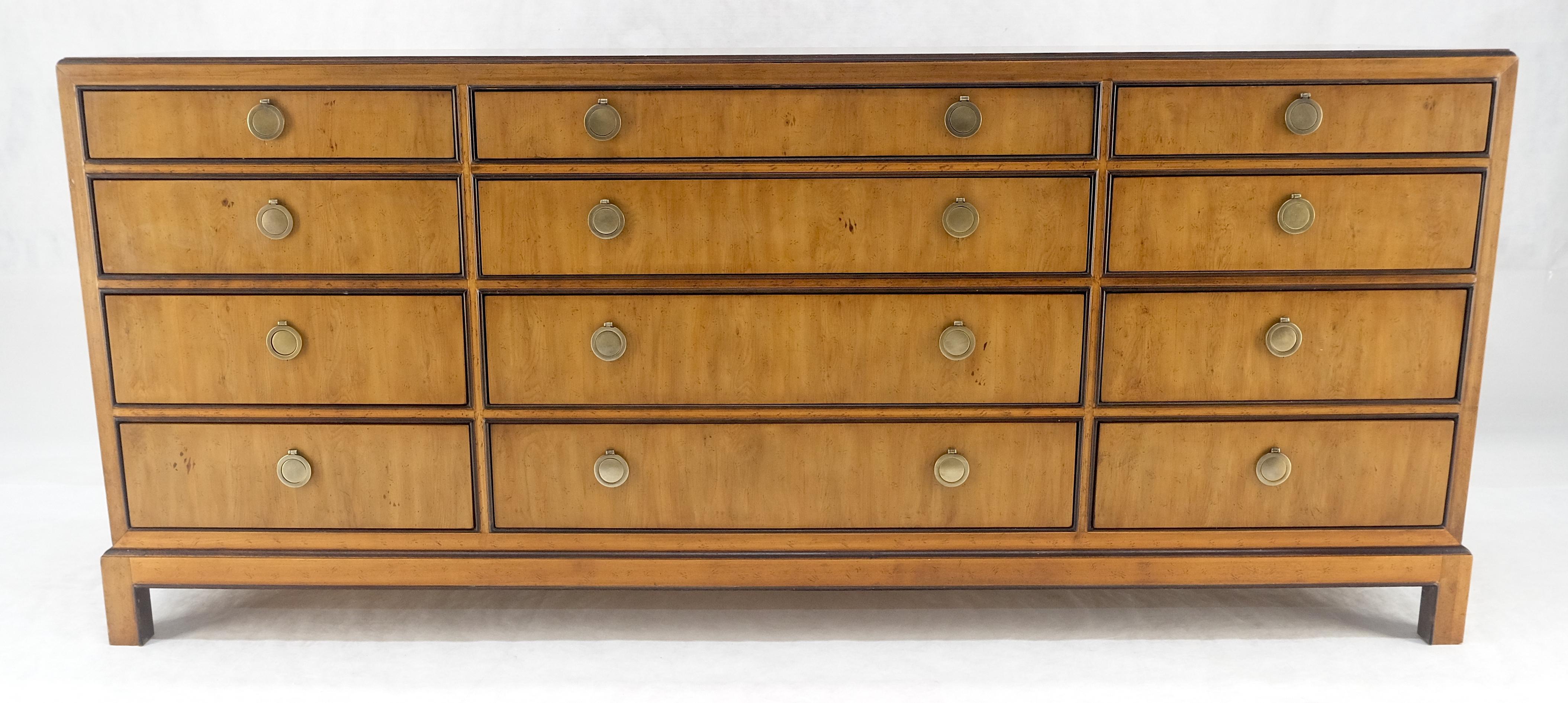Lacquered Banded Top 12 Drawers Yew Wood Bracket Feet Mid Century Credenza Dresser MINT! For Sale