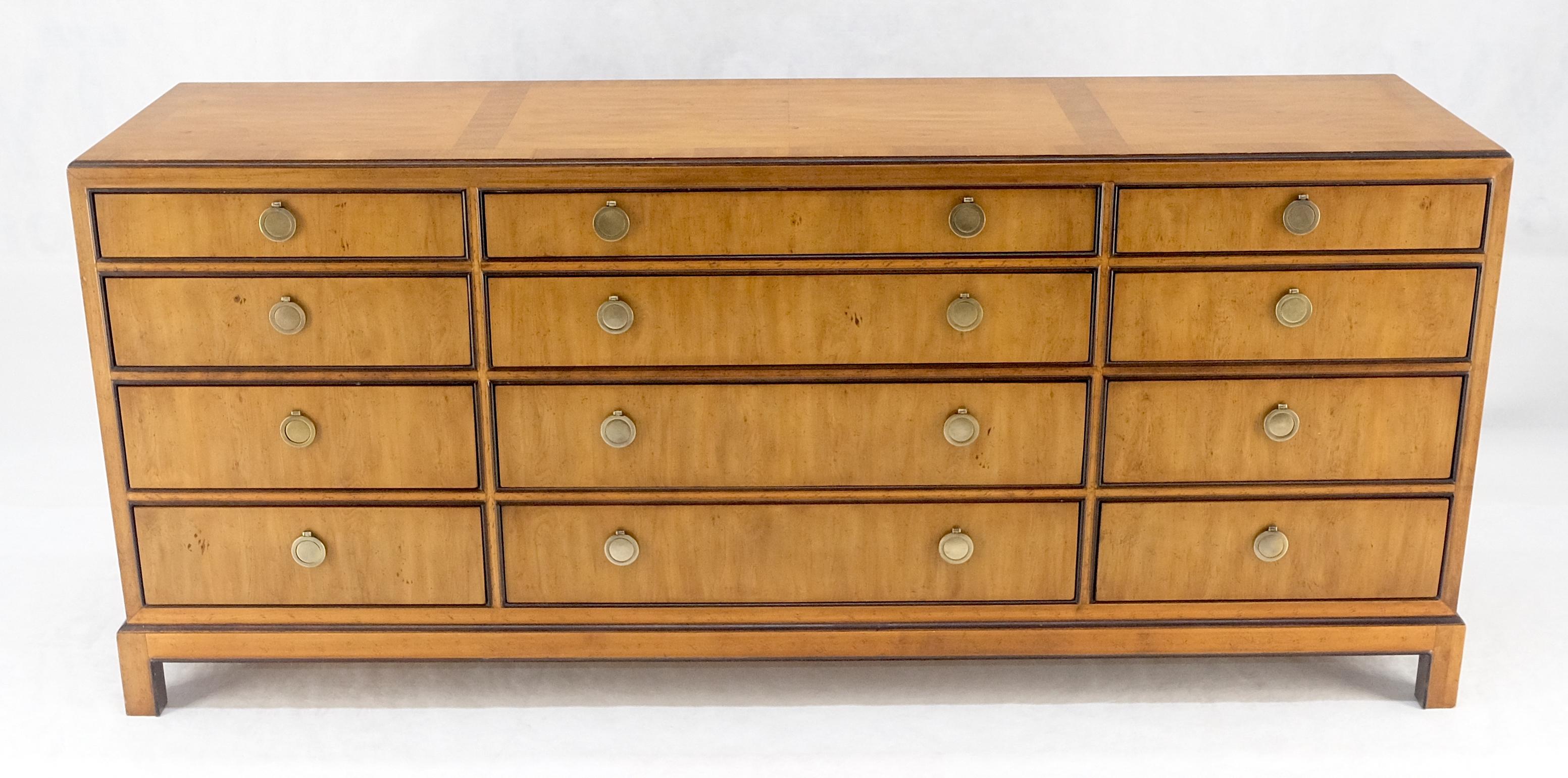 20th Century Banded Top 12 Drawers Yew Wood Bracket Feet Mid Century Credenza Dresser MINT! For Sale