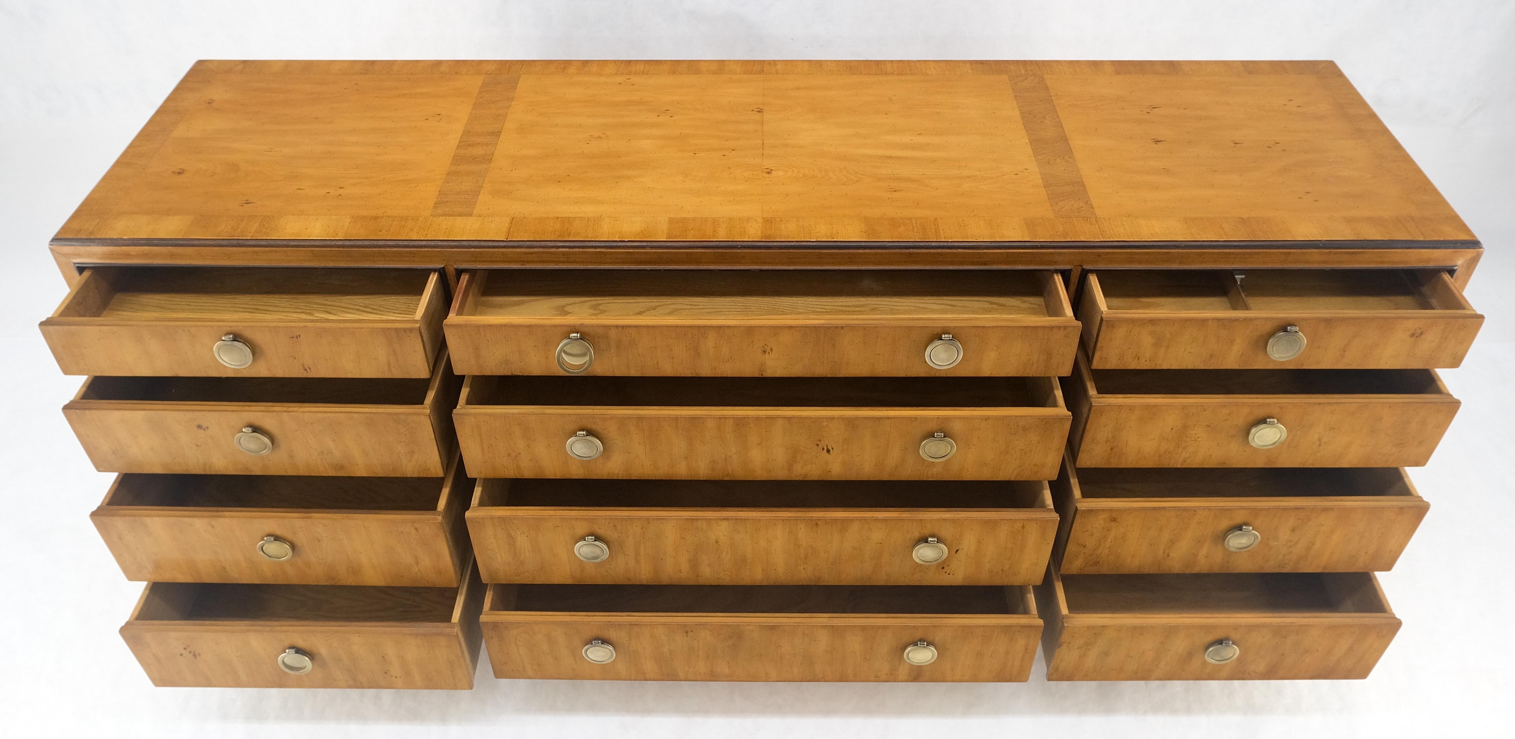 Brass Banded Top 12 Drawers Yew Wood Bracket Feet Mid Century Credenza Dresser MINT! For Sale