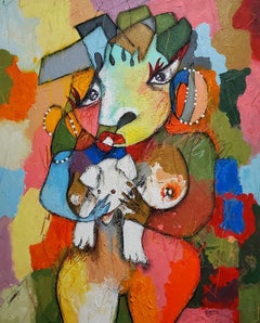 "Lady with White Dog" Original Acrylic Mixed Media Painting