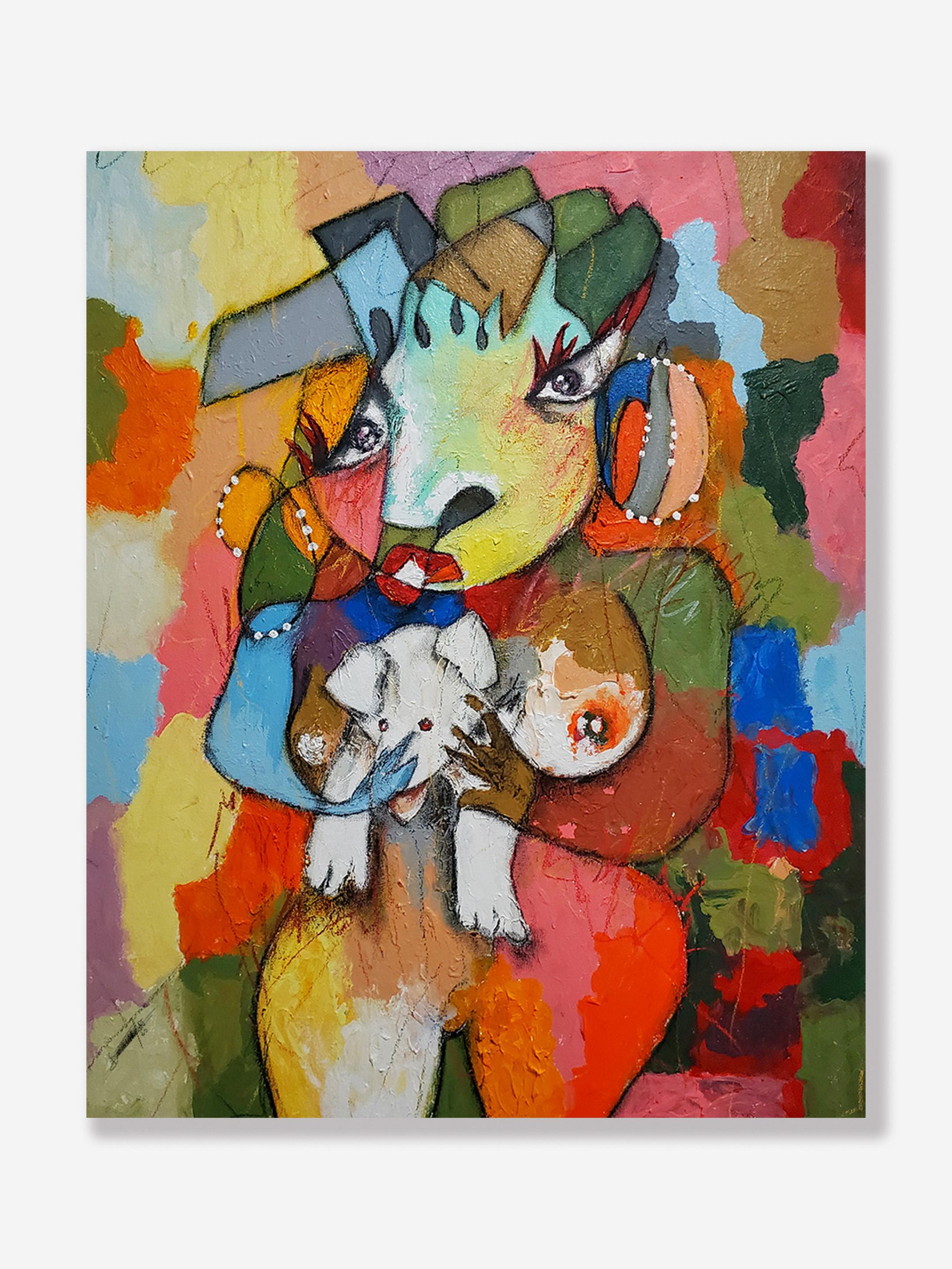 "Signora con cane bianco" Pittura acrilica originale a tecnica mista