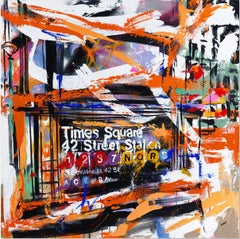 "Last Night in Times Square" Peinture originale à l'acrylique sur support mixte